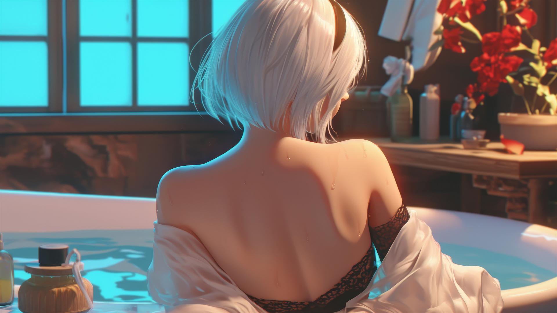 2B from Nier facing away, in white, by a tub in a modern apartment with warm light