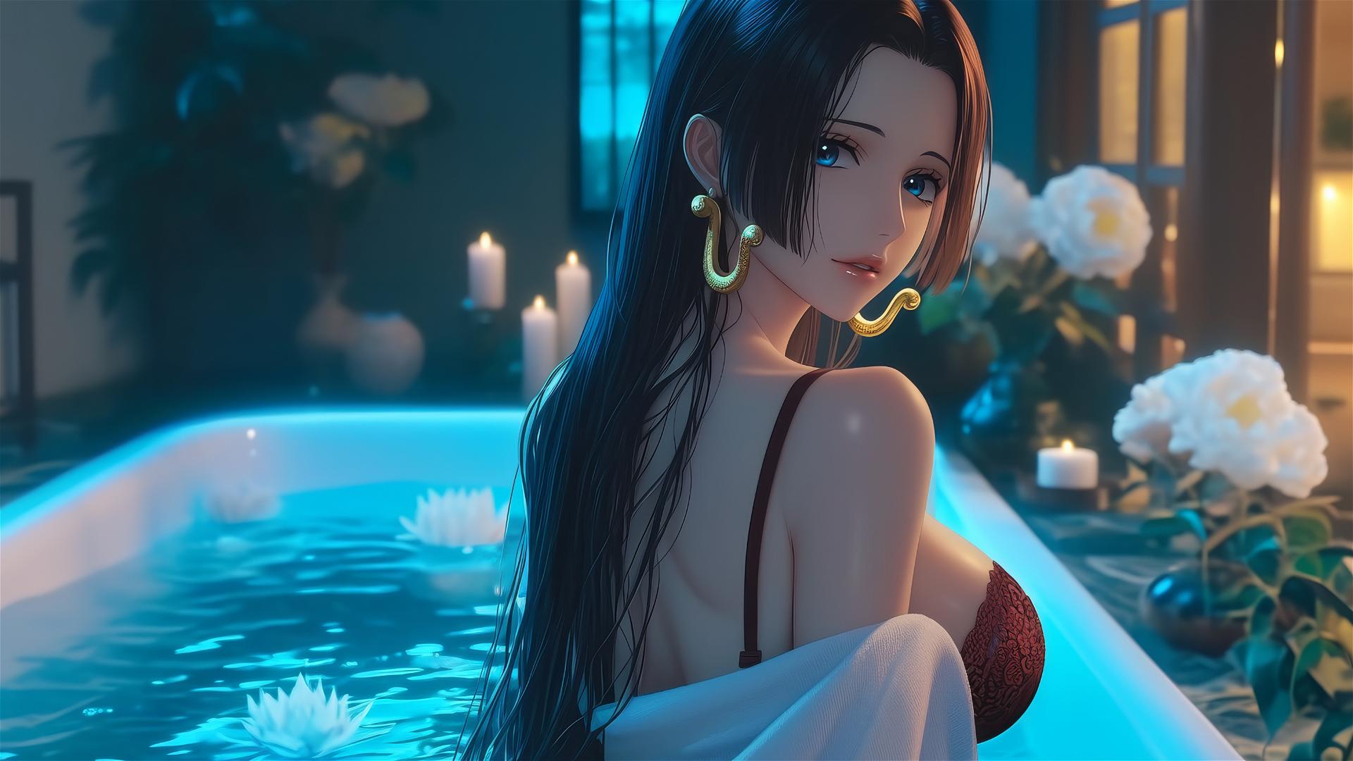 Boa Hancock from One Piece in red, standing by a tub in a modern apartment