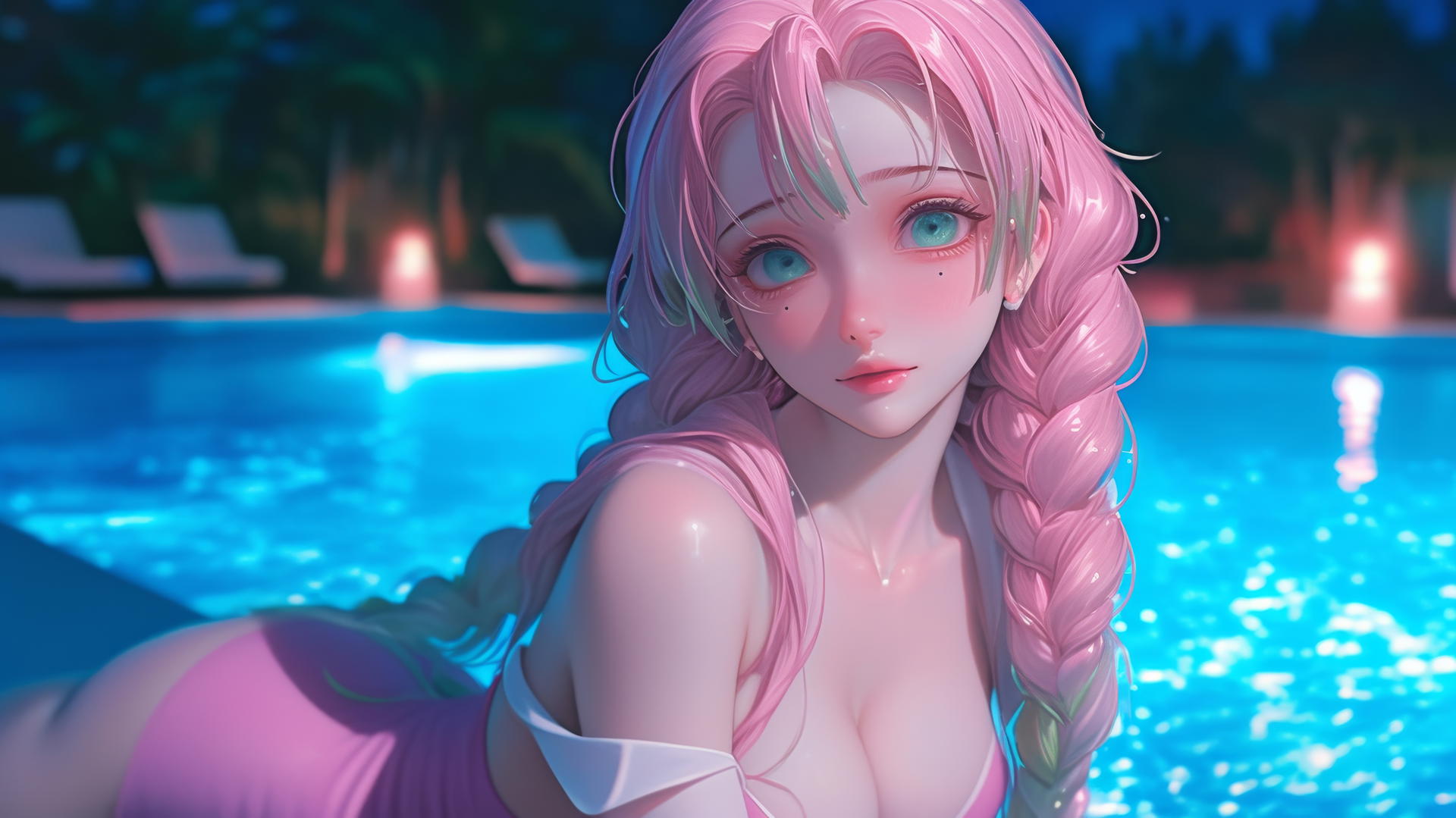 Mitsuri Kanroji from Demon Slayer resting by a rainy pool, moonlight glow.