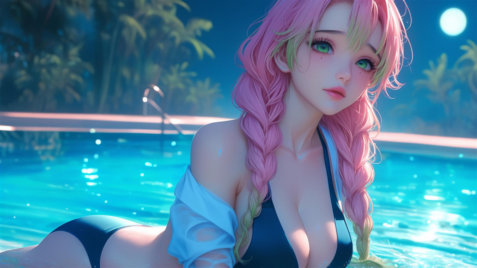 Mitsuri Kanroji from Demon Slayer resting by a rainy swimming pool illuminated by moonlight.