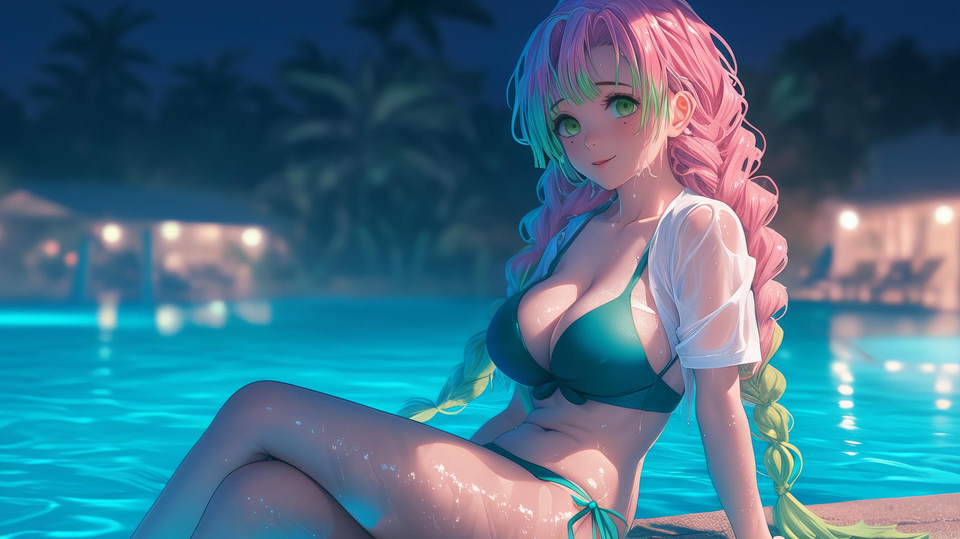 Mitsuri Kanroji resting by a rainy swimming pool under moonlight