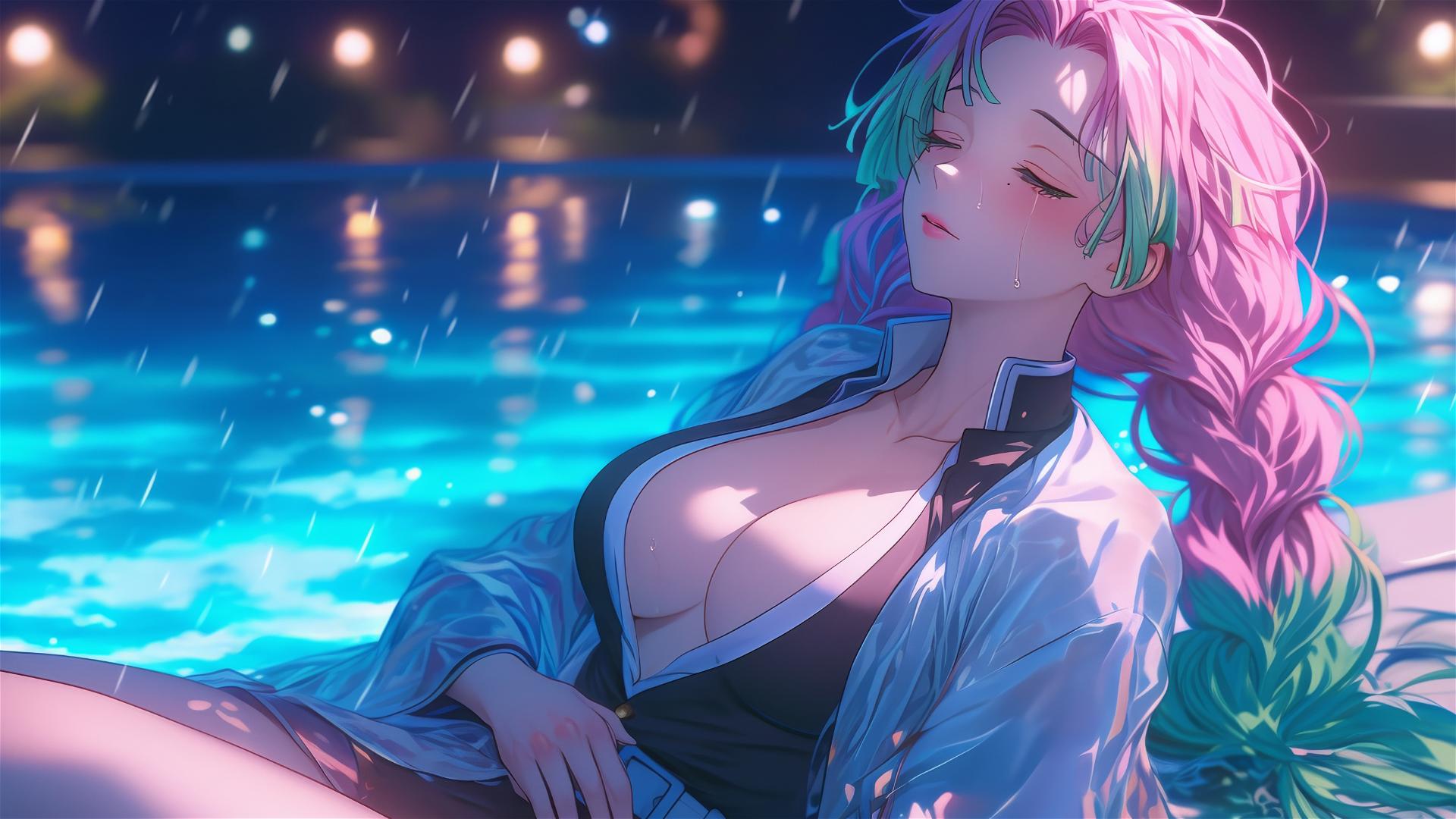 Mitsuri Kanroji from Demon Slayer relaxing by a rainy pool in moonlight.