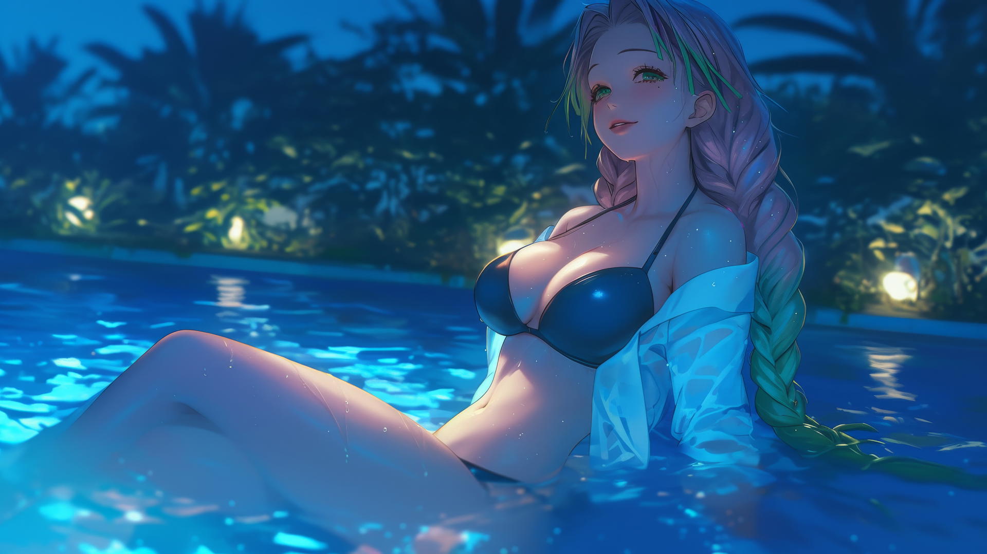 Mitsuri Kanroji from Demon Slayer resting by a rainy pool under moonlight with light pink and lime green hair.