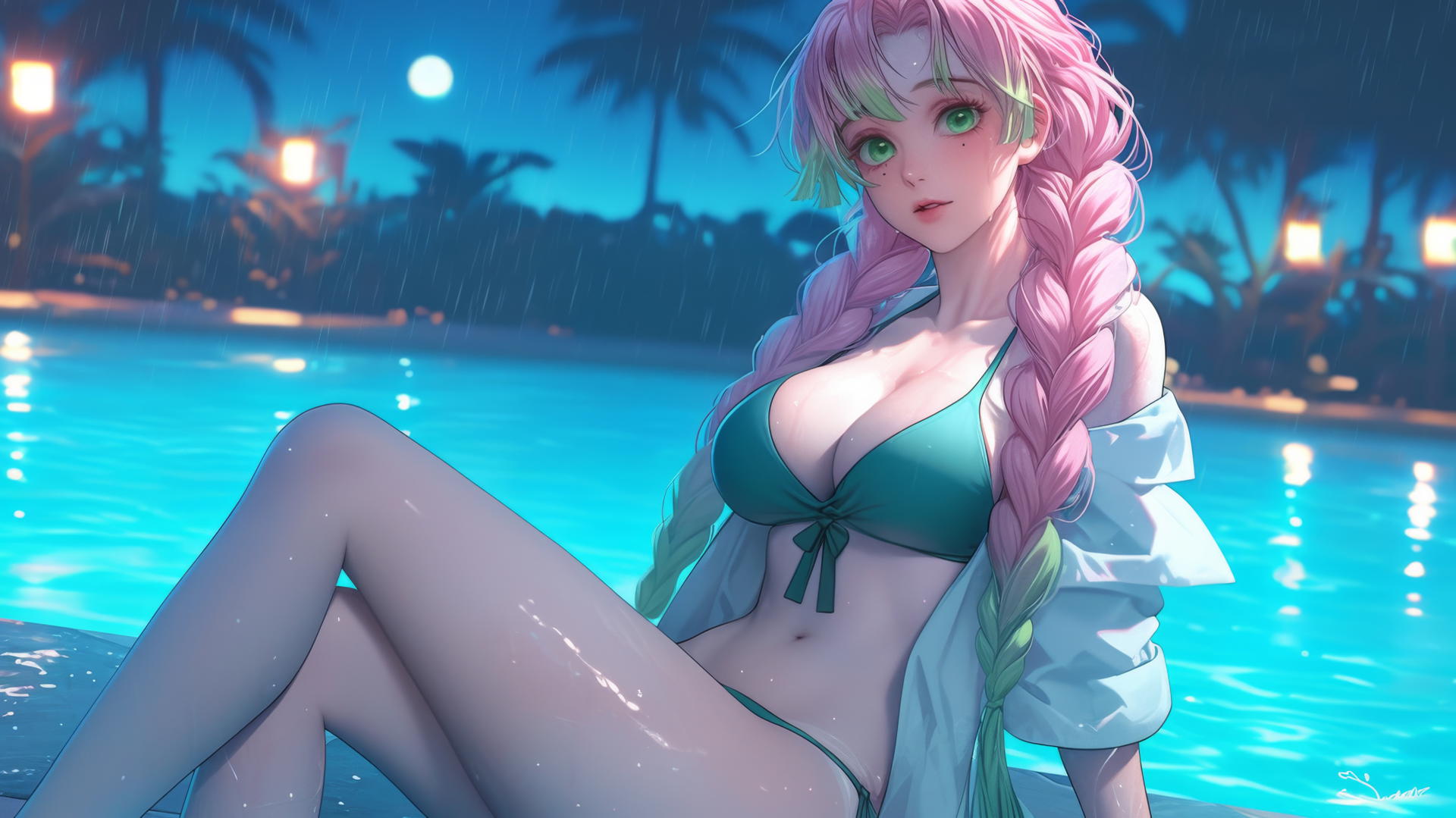 Mitsuri Kanroji by a rainy pool with moonlight, pink and lime green hair