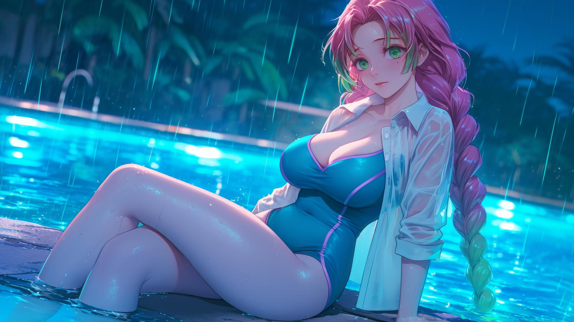 Mitsuri Kanroji resting by a rainy pool under moonlight with pink to green hair.