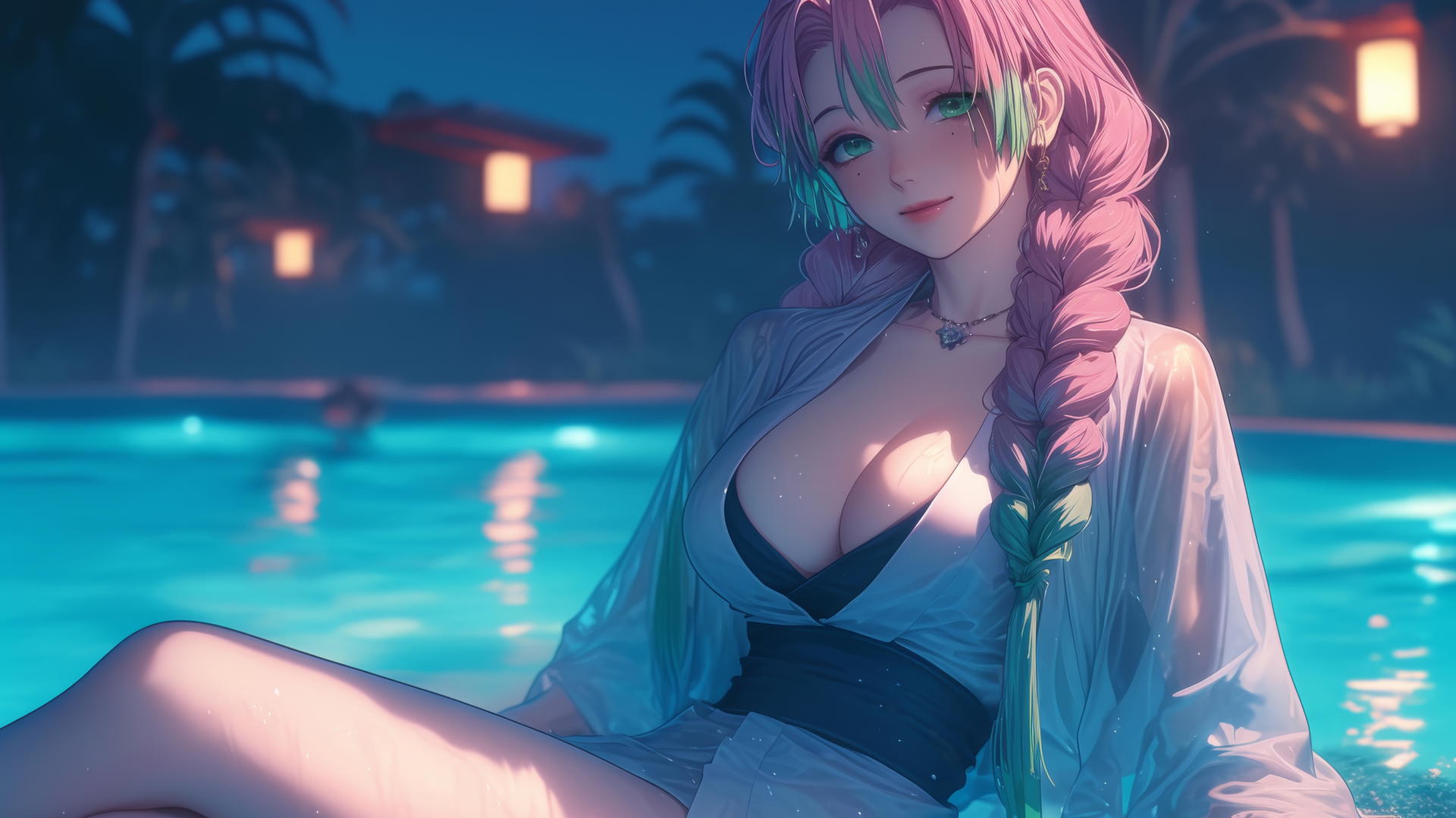 Mitsuri Kanroji from Demon Slayer resting by a rainy swimming pool under moonlight, with light pink to lime green hair.
