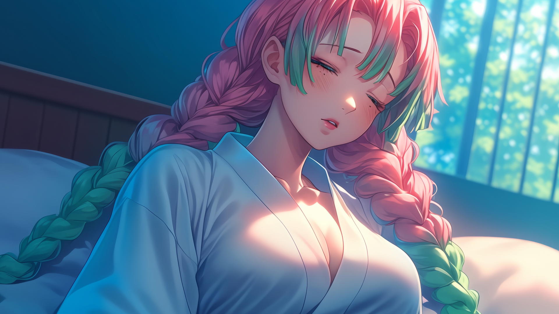 Mitsuri Kanroji resting in a modern hotel room with moonlight.