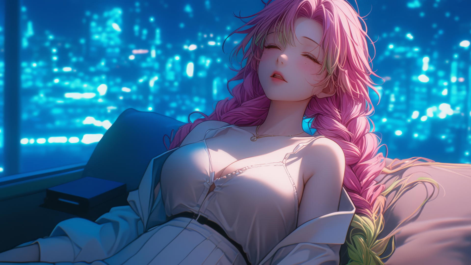 Mitsuri Kanroji resting in a modern hotel room under moonlight