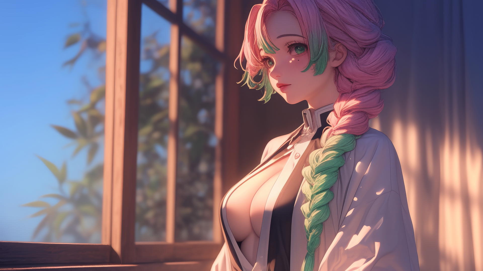 Mitsuri Kanroji from Demon Slayer stands by a modern apartment window at sunrise, glowing in warm light.