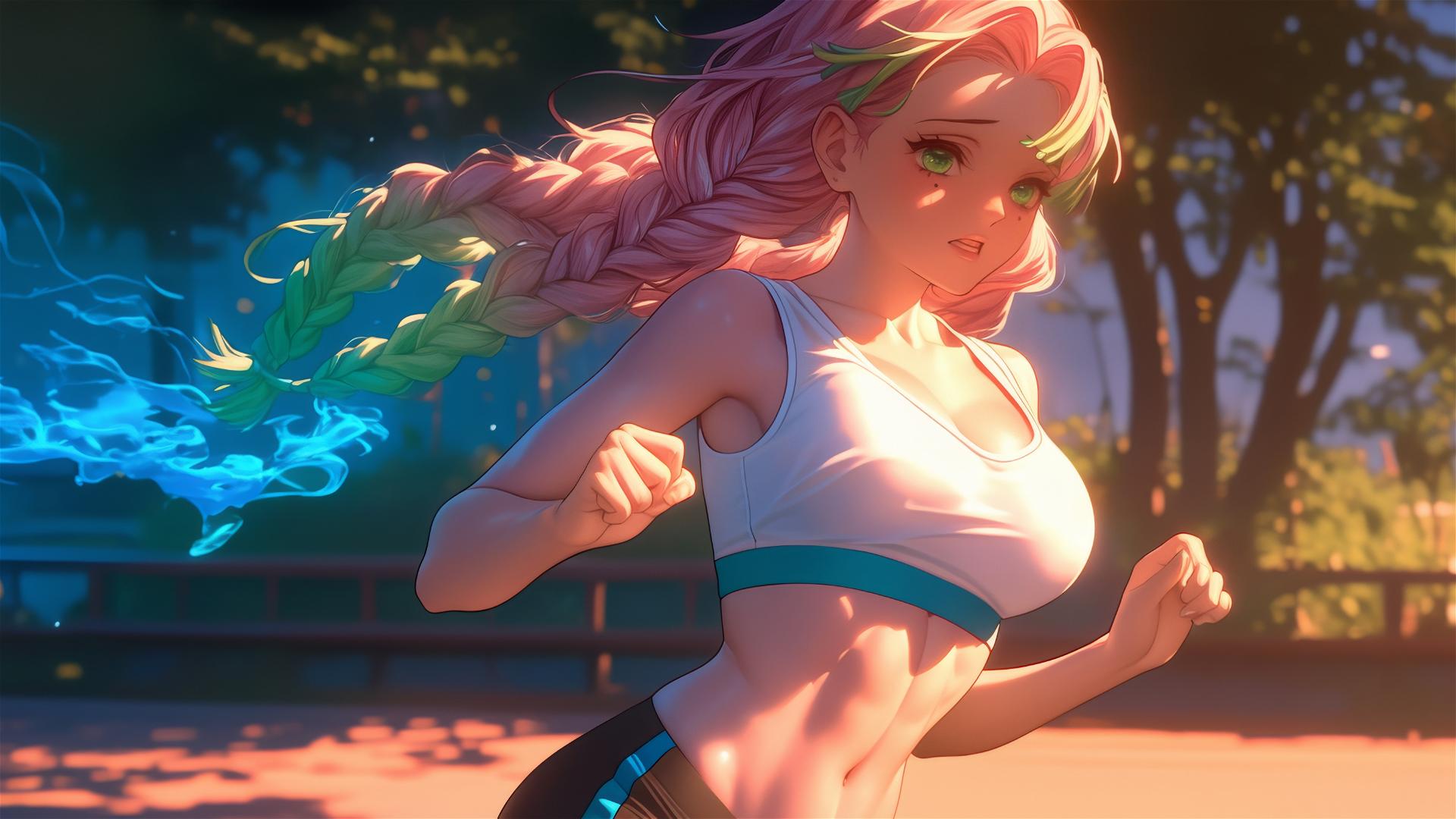 Mitsuri Kanroji from Demon Slayer running in a modern park at sunrise with pink and green hair
