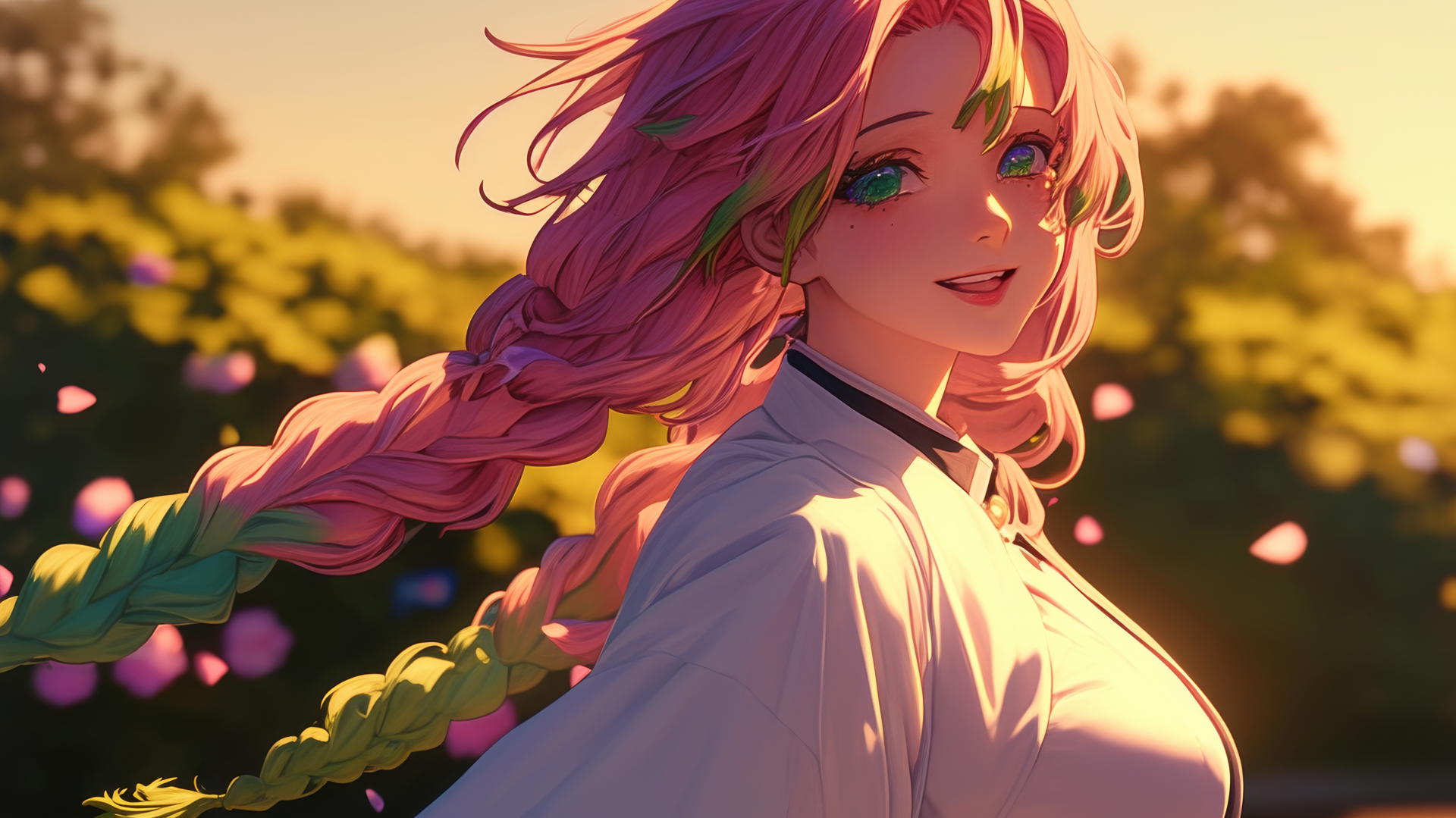 Mitsuri Kanroji from Demon Slayer running in a modern park at sunrise with warm light and gradient pink to lime green hair.