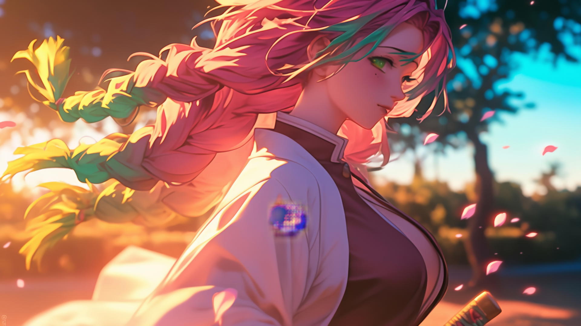 Mitsuri Kanroji running in a serene park at sunrise with warm light and pink to lime green hair.