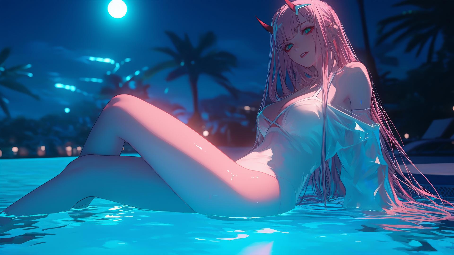 Zero Two from DARLING in the FRANXX resting by a rainy swimming pool under moonlight.