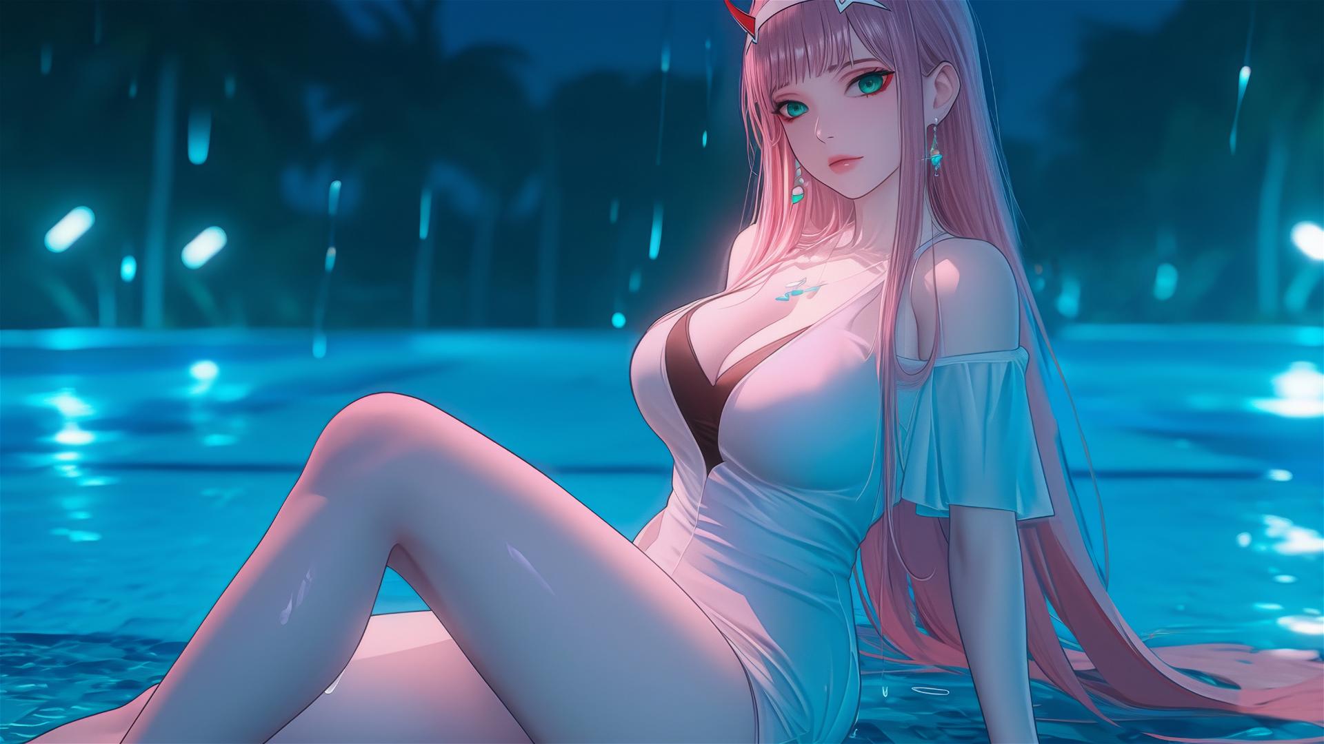 Zero Two from DARLING in the FRANXX resting by a rainy swimming pool at night.