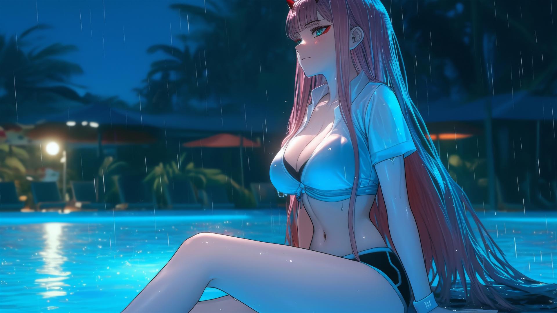 Zero Two from DARLING in the FRANXX resting by a rainy pool in moonlight.