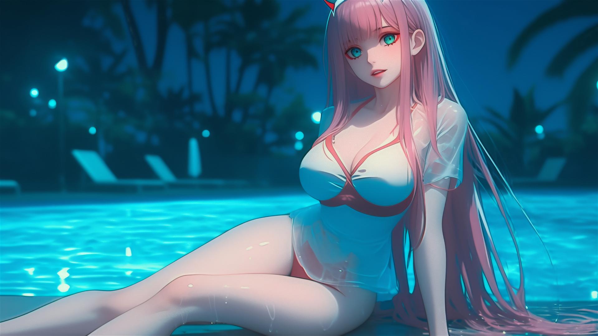 Zero Two from DARLING in the FRANXX resting by a rainy pool under moonlight, with pink hair.