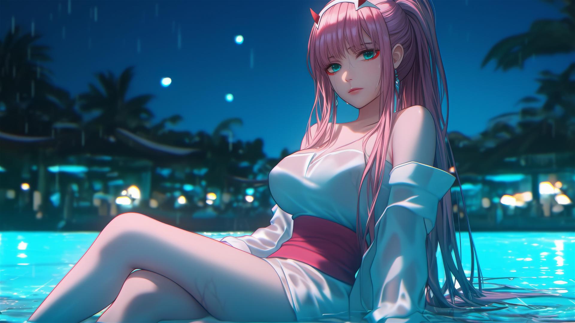 Zero Two from DARLING in the FRANXX resting by a rainy swimming pool in moonlight.