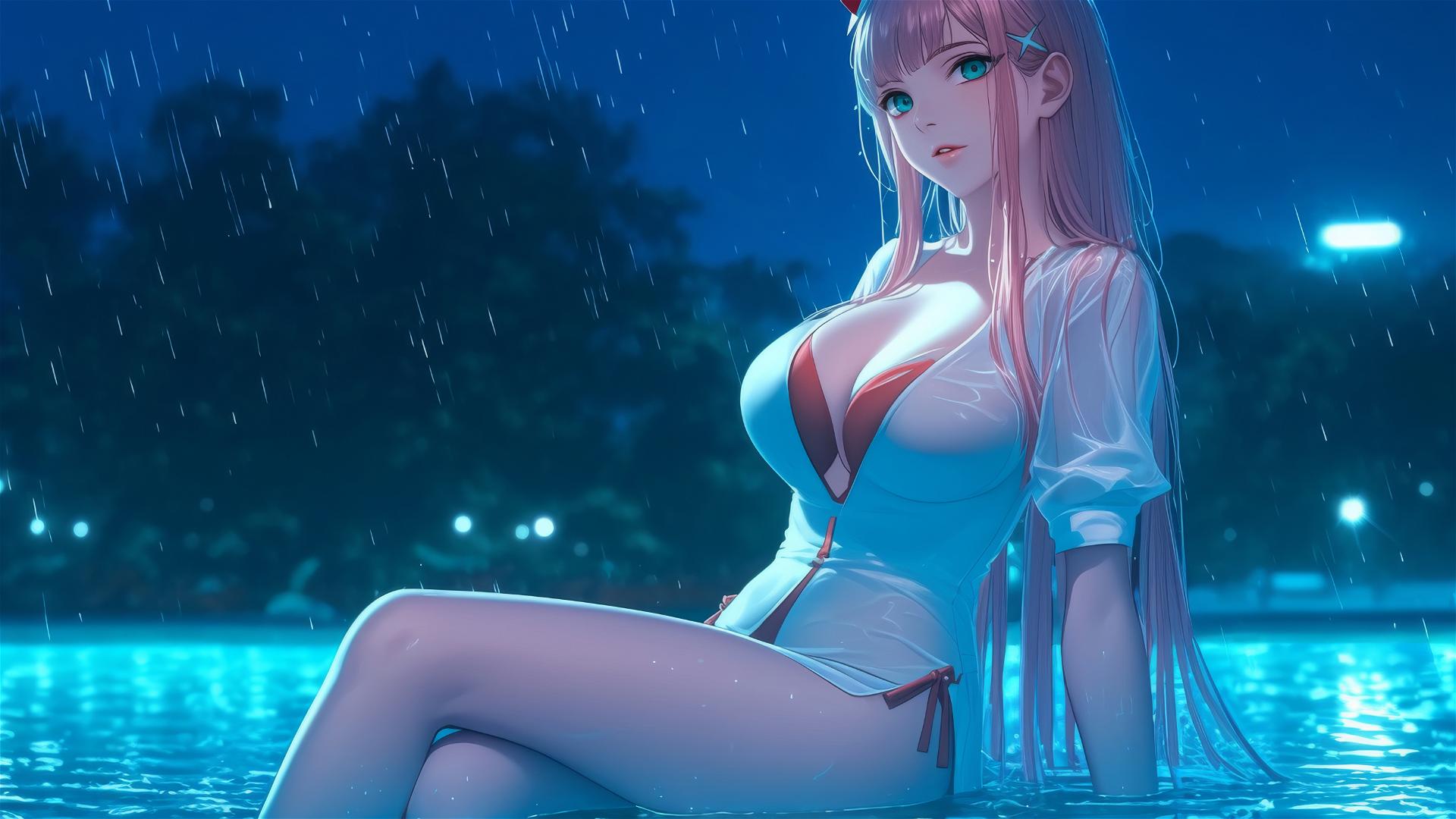 Zero Two from DARLING in the FRANXX resting by a rainy swimming pool under moonlight.