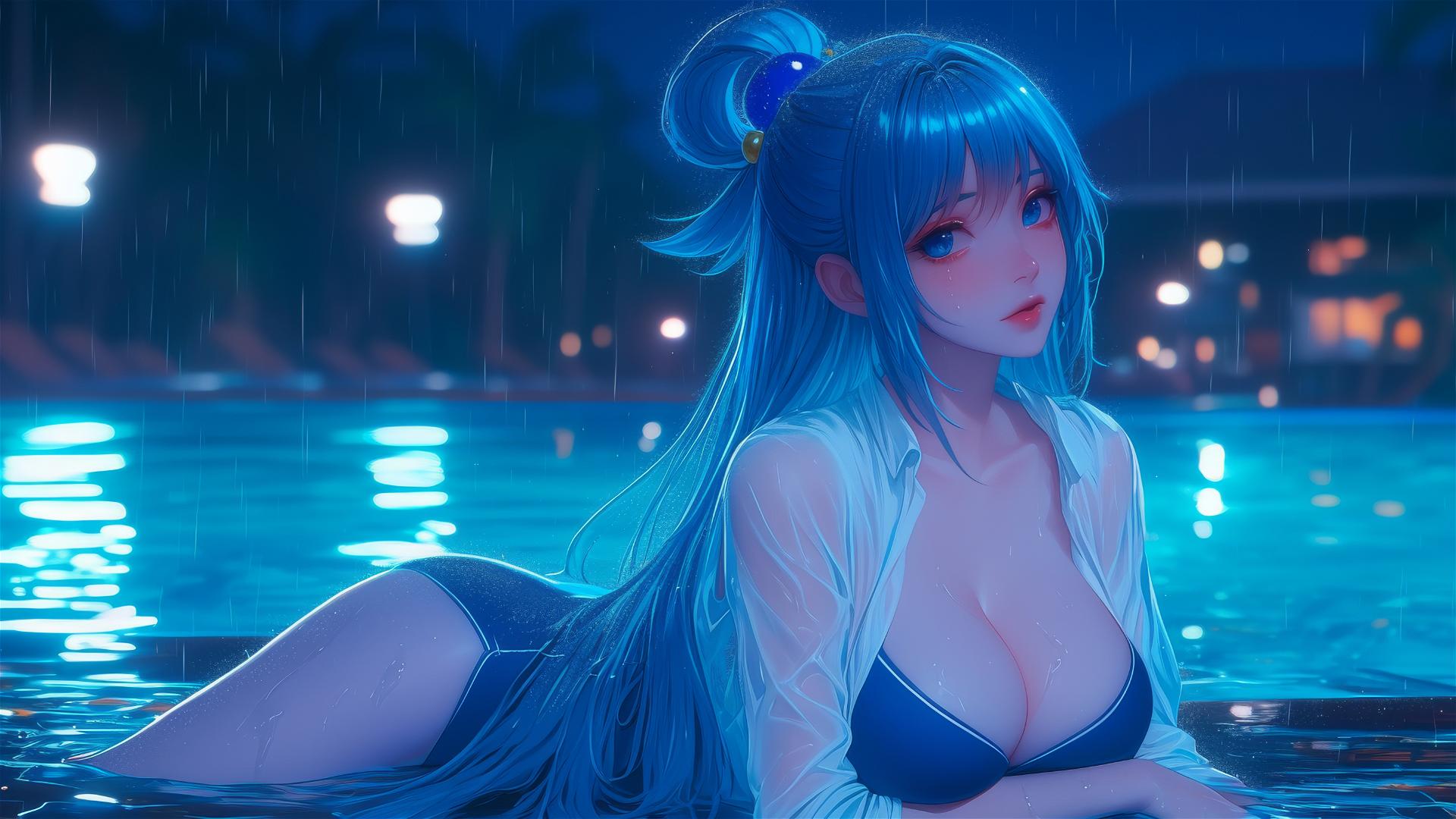 Aqua from KonoSuba resting by a rainy swimming pool under moonlight