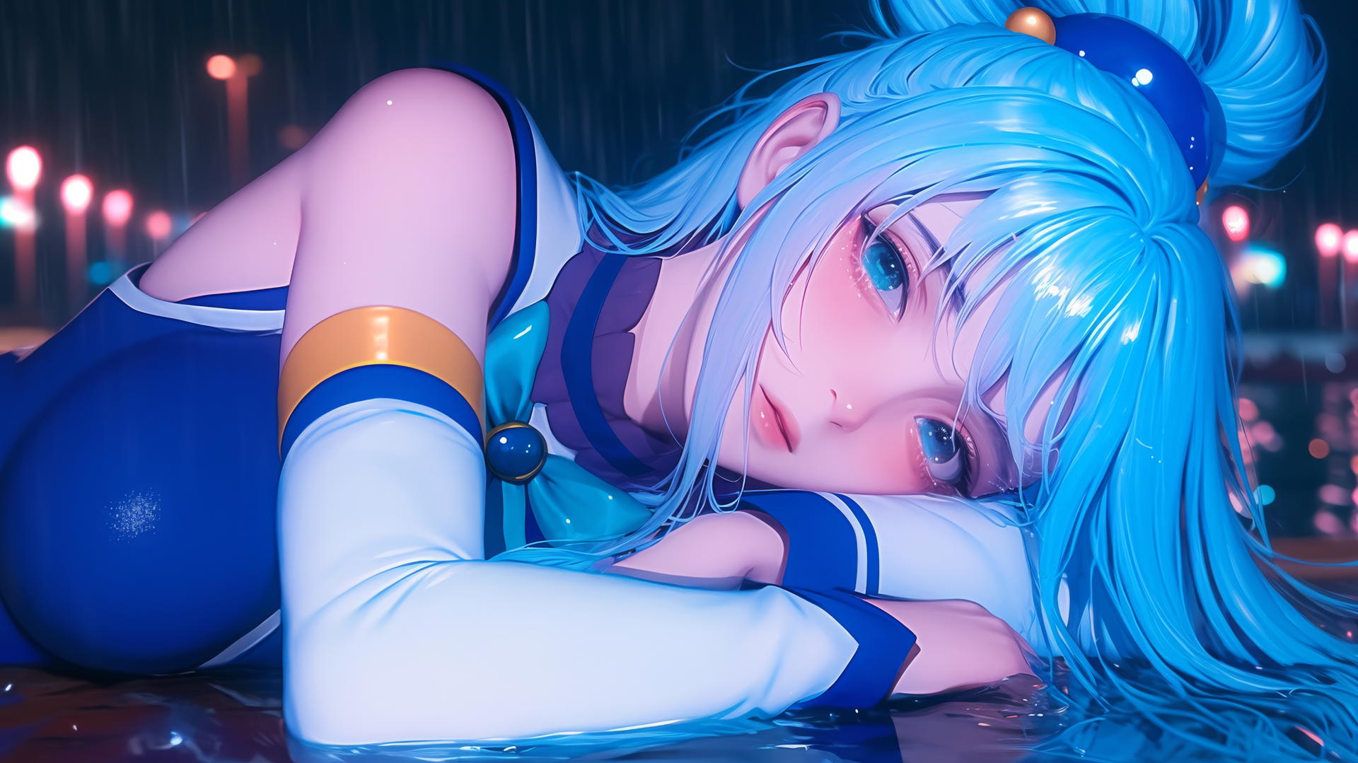 Aqua from KonoSuba resting by a rainy swimming pool under moonlight.