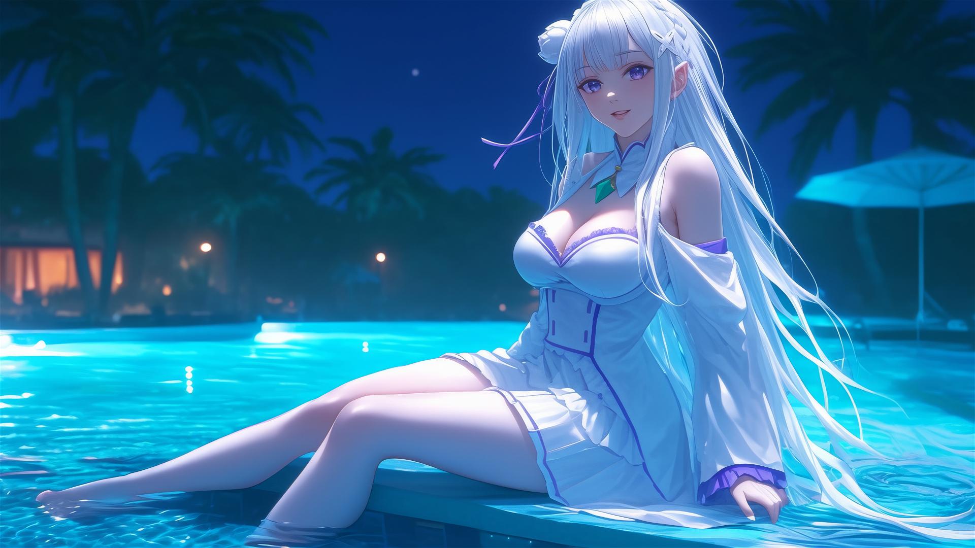 Emilia from Re:Zero resting by a swimming pool under moonlight