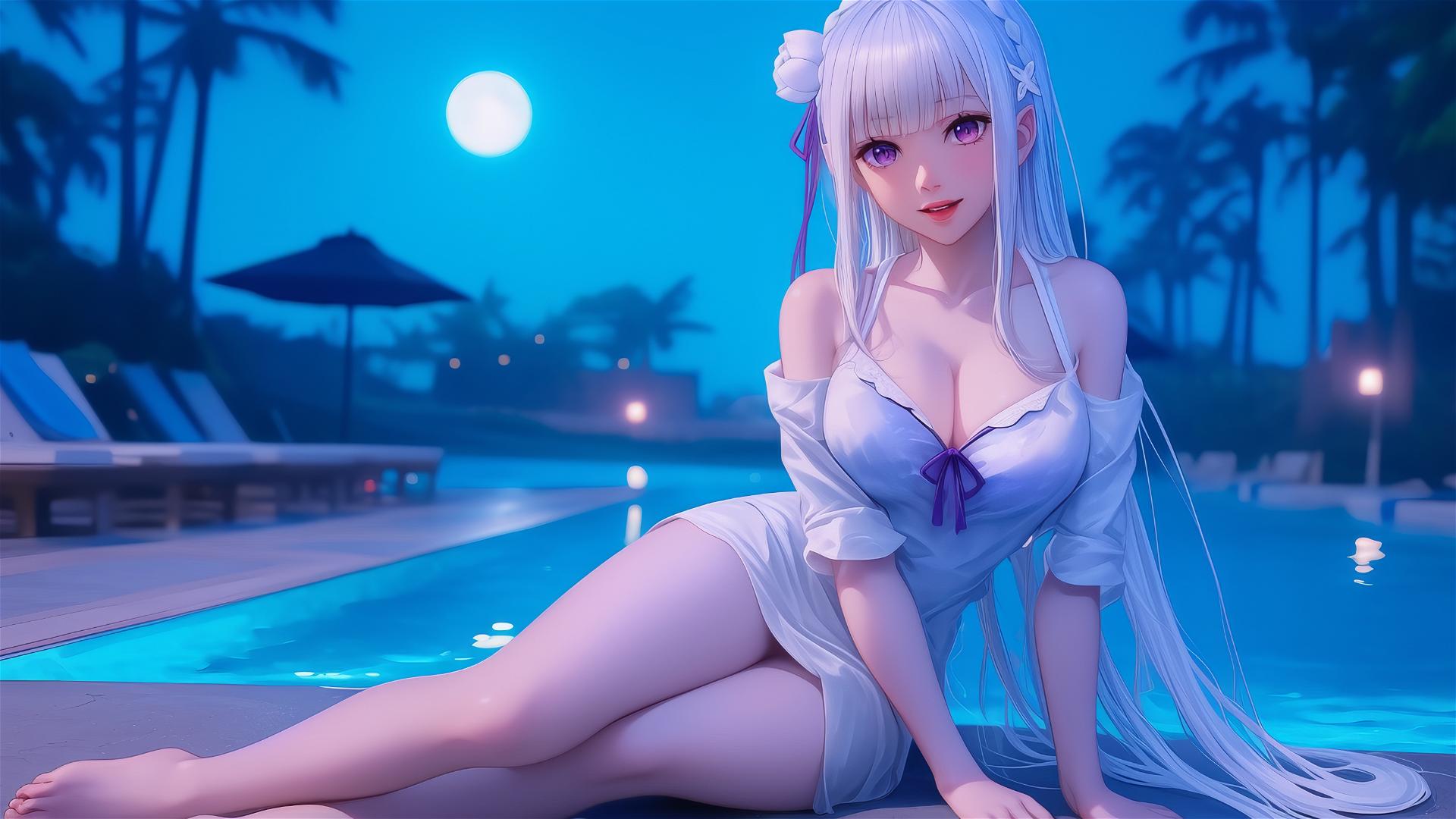 Emilia from Re:Zero resting by a pool under moonlight