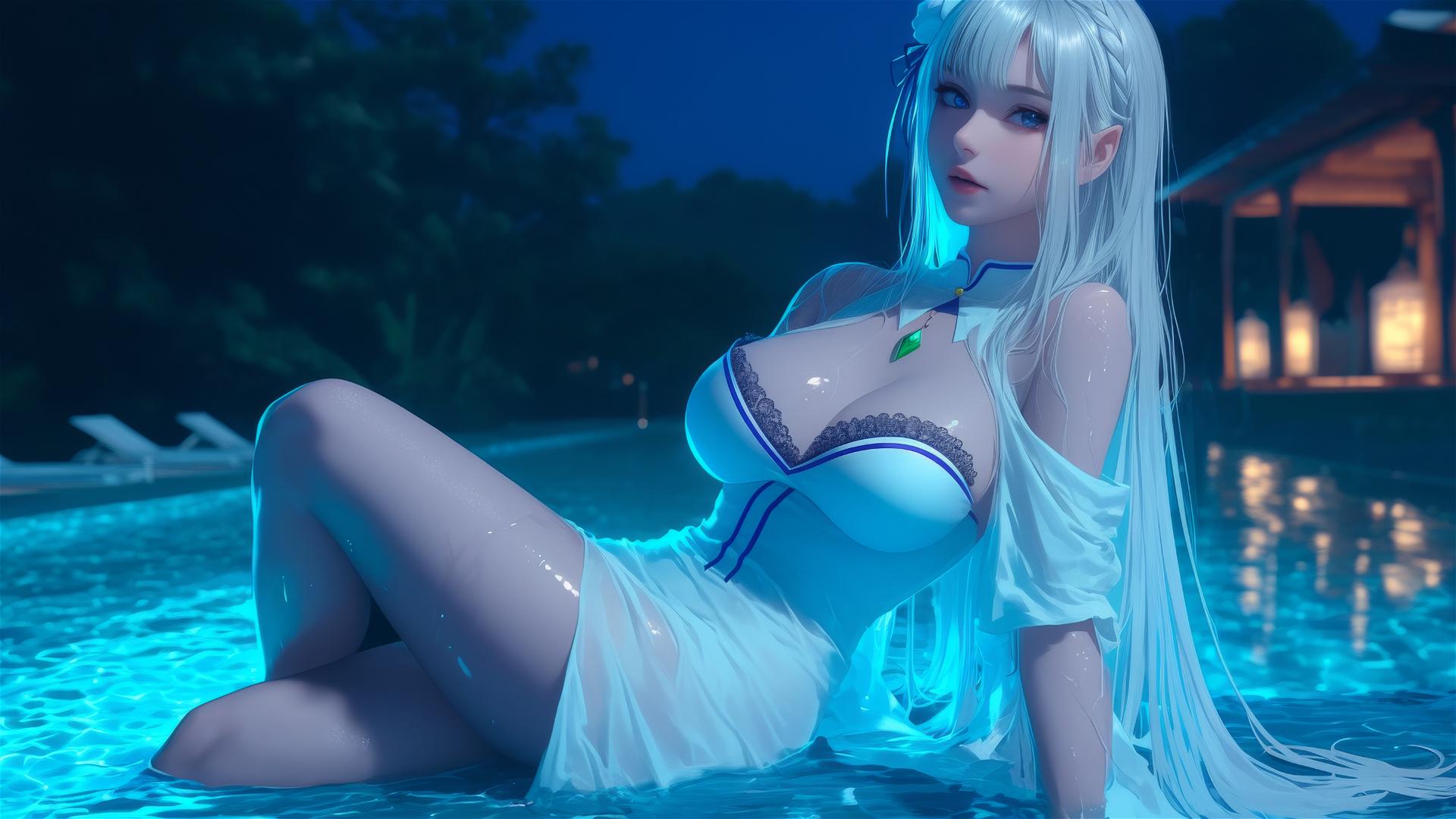 Emilia from Re:Zero resting by a pool under moonlight
