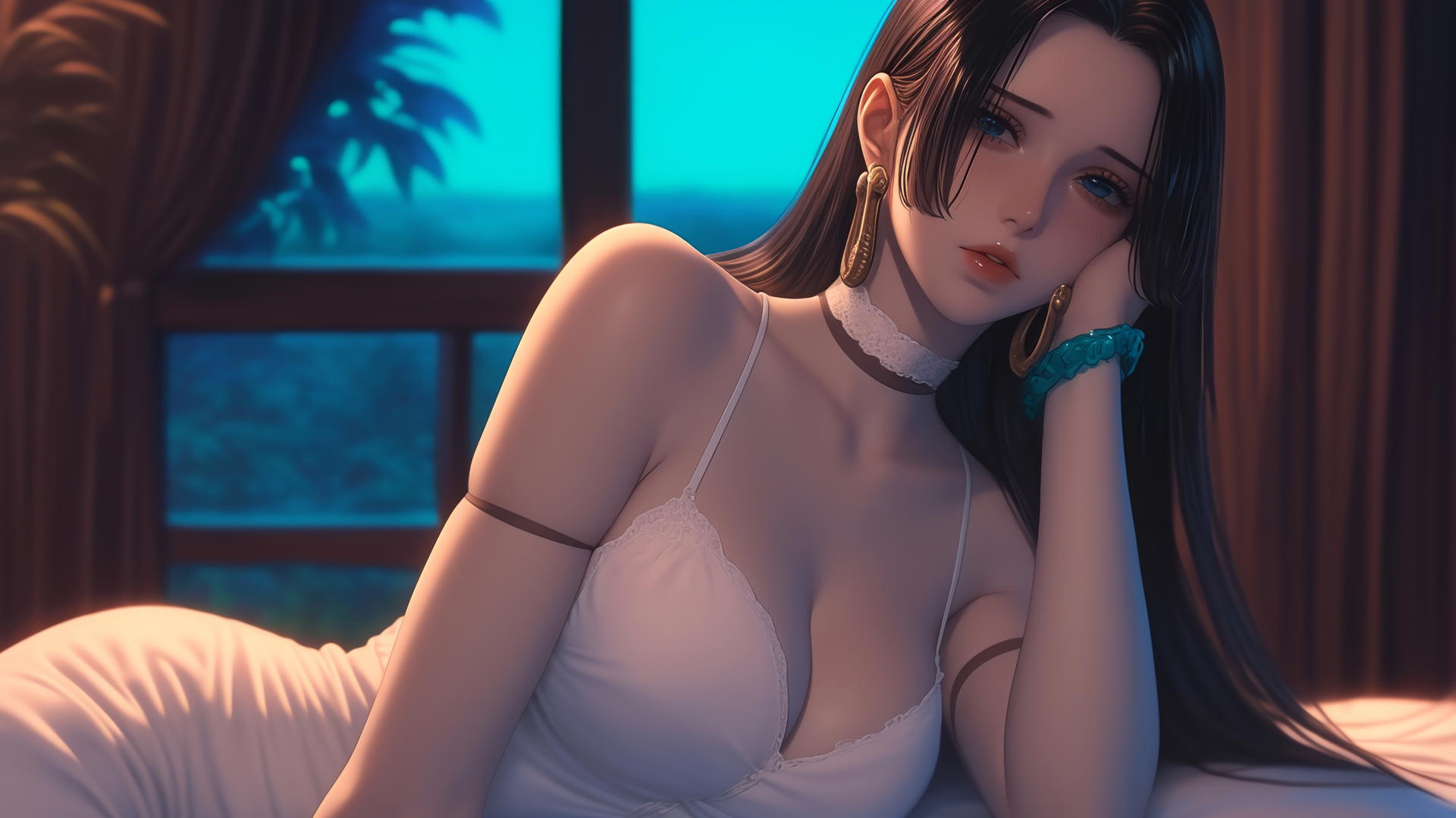 Boa Hancock from One Piece, resting in a warm, softly lit modern hotel room.