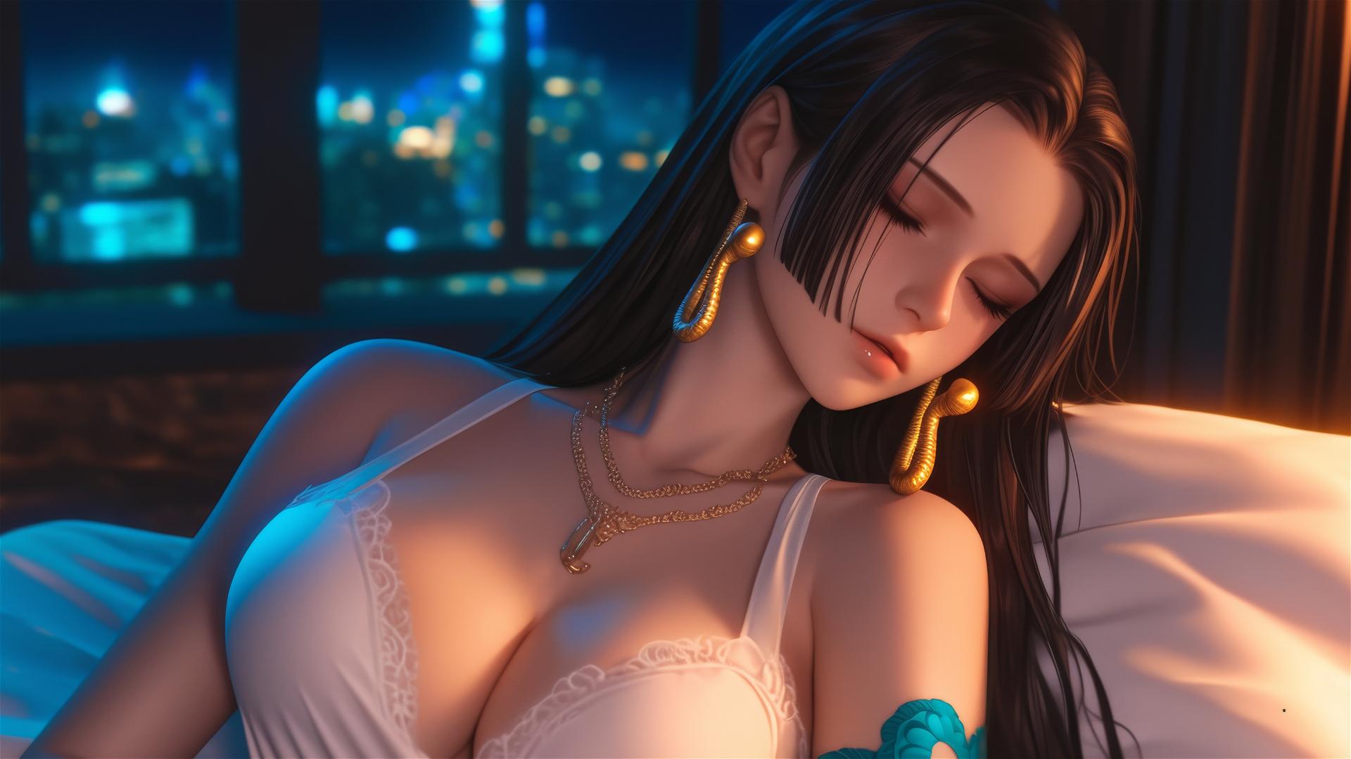 Boa Hancock from One Piece resting in a modern hotel room with warm light
