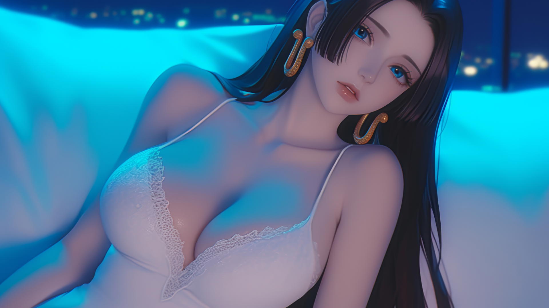 Boa Hancock from One Piece resting in a modern hotel room, warm light glow.
