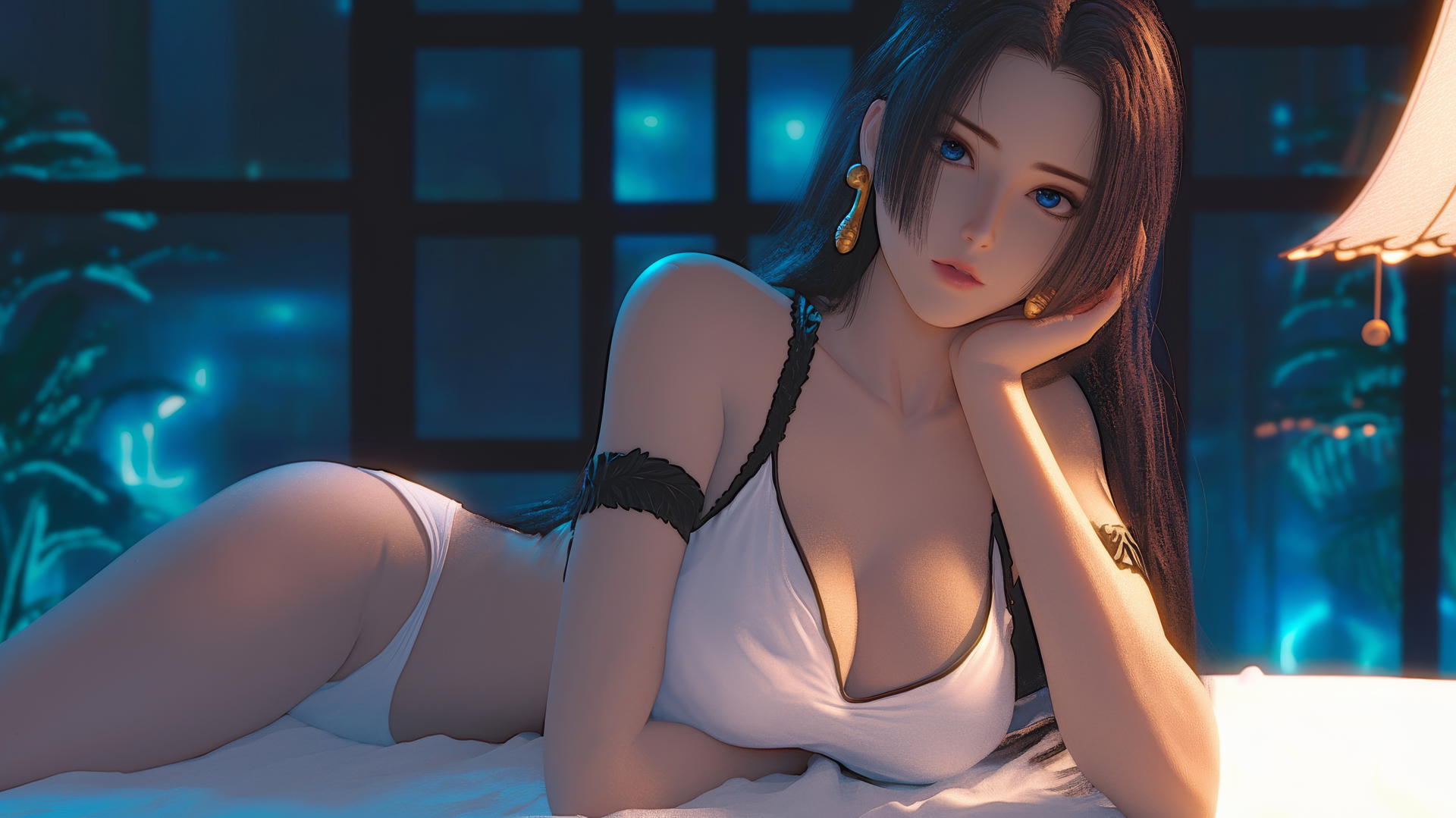 Boa Hancock from One Piece resting in a modern hotel room with warm light