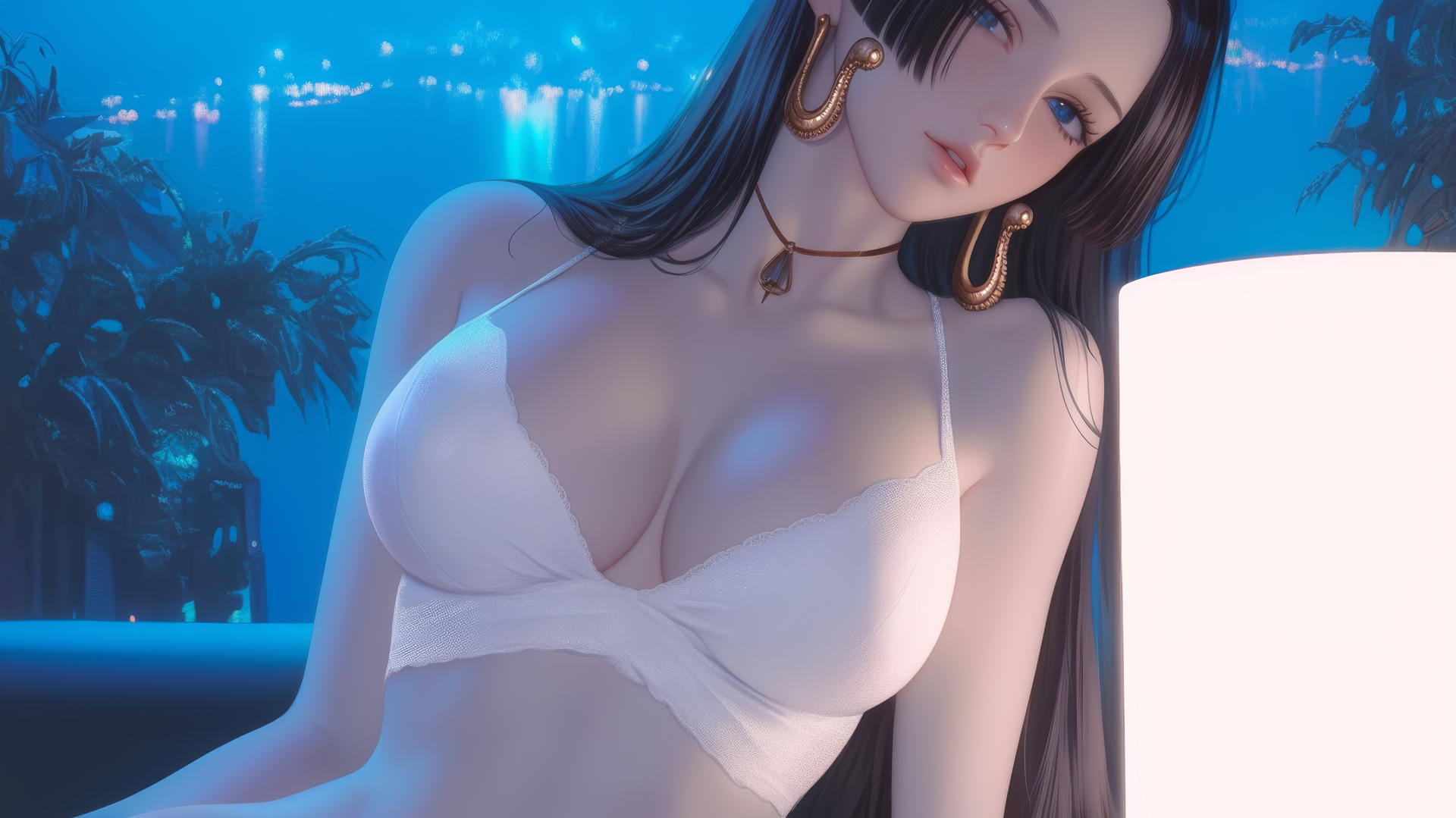 Boa Hancock from One Piece resting in a modern hotel room with warm light