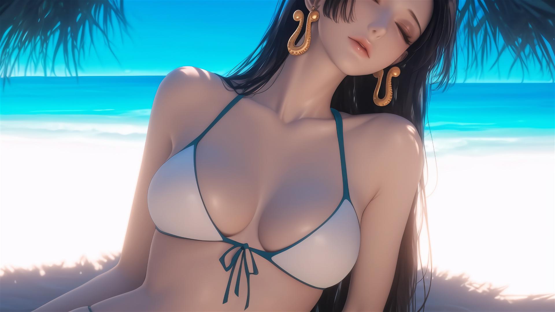 Boa Hancock from One Piece resting at beach in warm light
