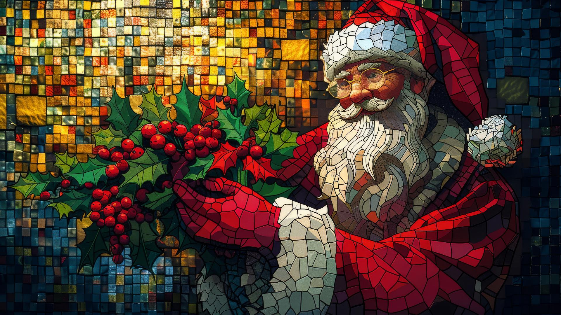 Santa Claus holding holly in front of stained glass in vibrant colors