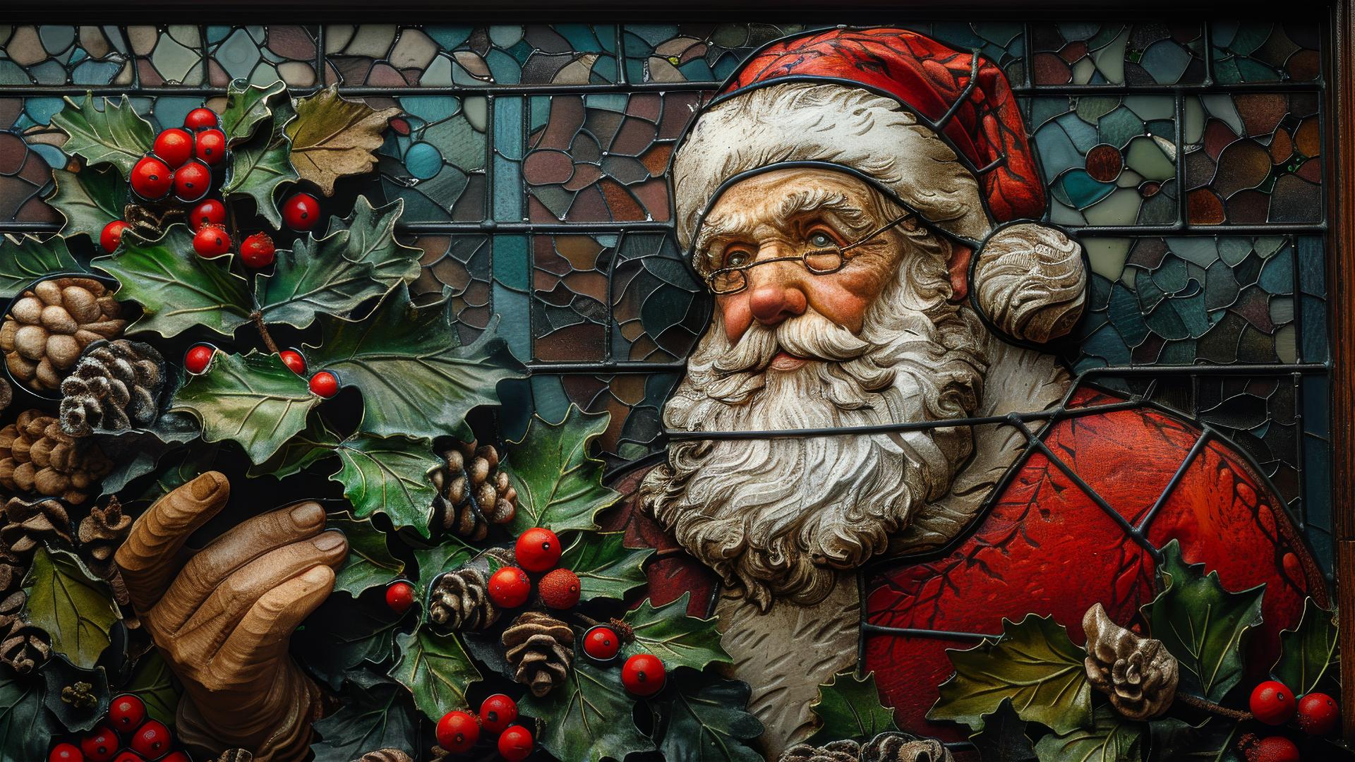 Santa Claus holding holly in front of styrofoam stained glass