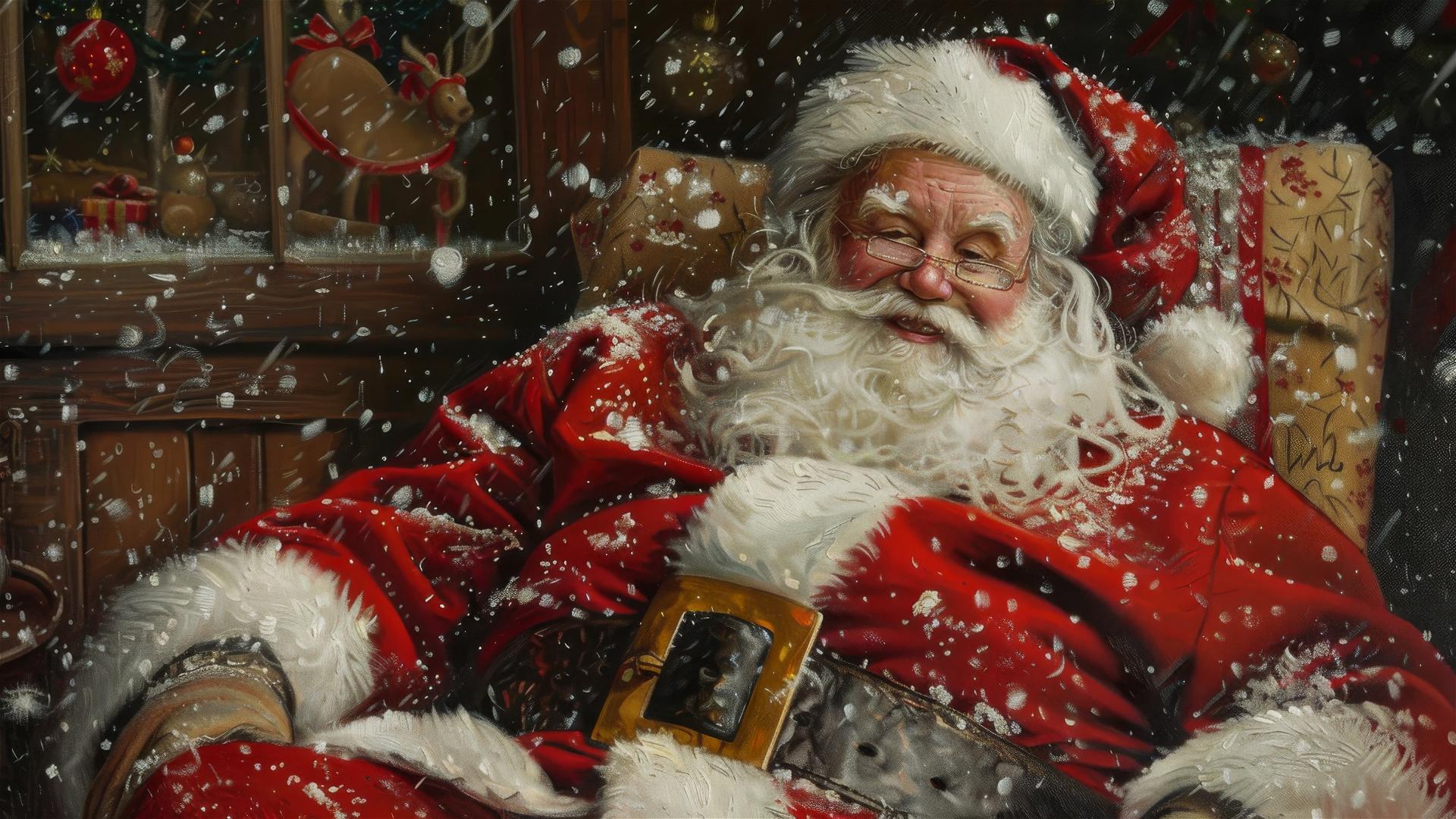 Nostalgic Santa Claus painting like 1950s Norman Rockwell ads