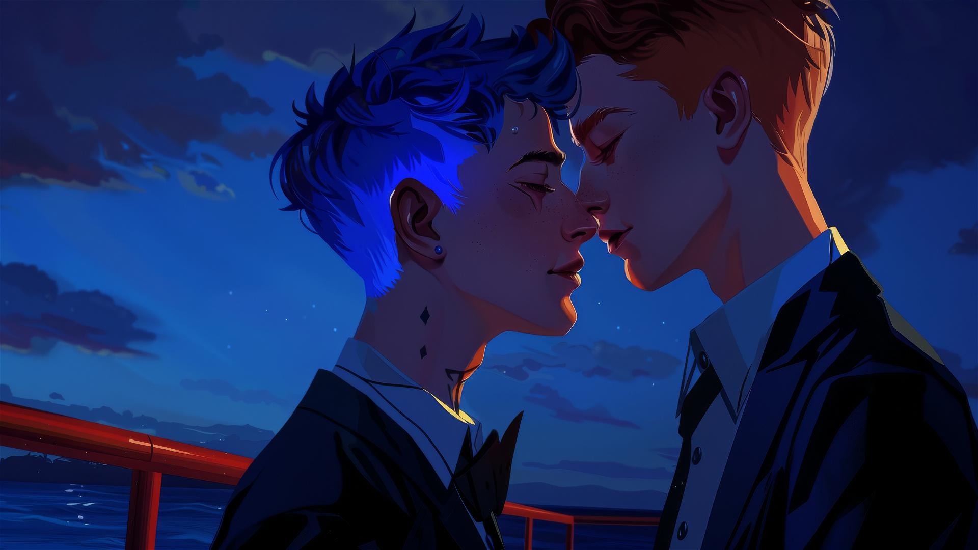 Two 17-year-old boys in suits, close to kissing, on a cruise ship deck at night with ocean background.