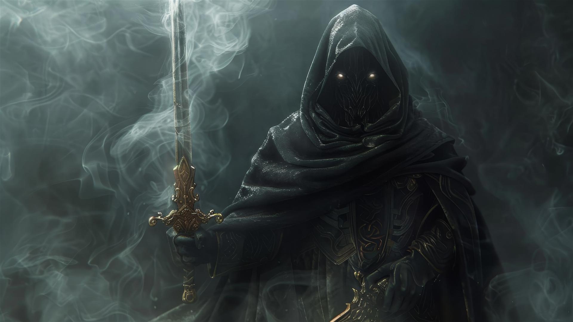 Shadowy figure with glowing eyes in a dark, misty landscape