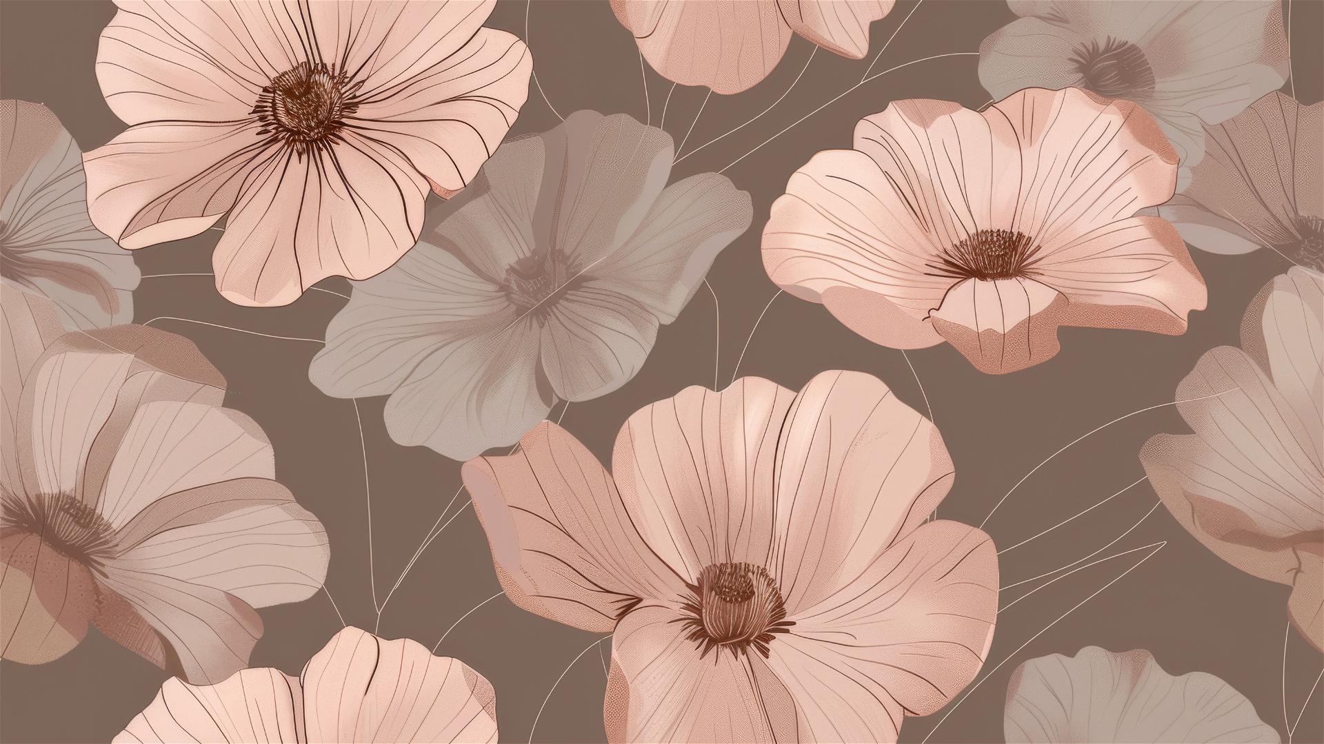 Seamless pattern of large flowers in soft pink and beige on a brown background
