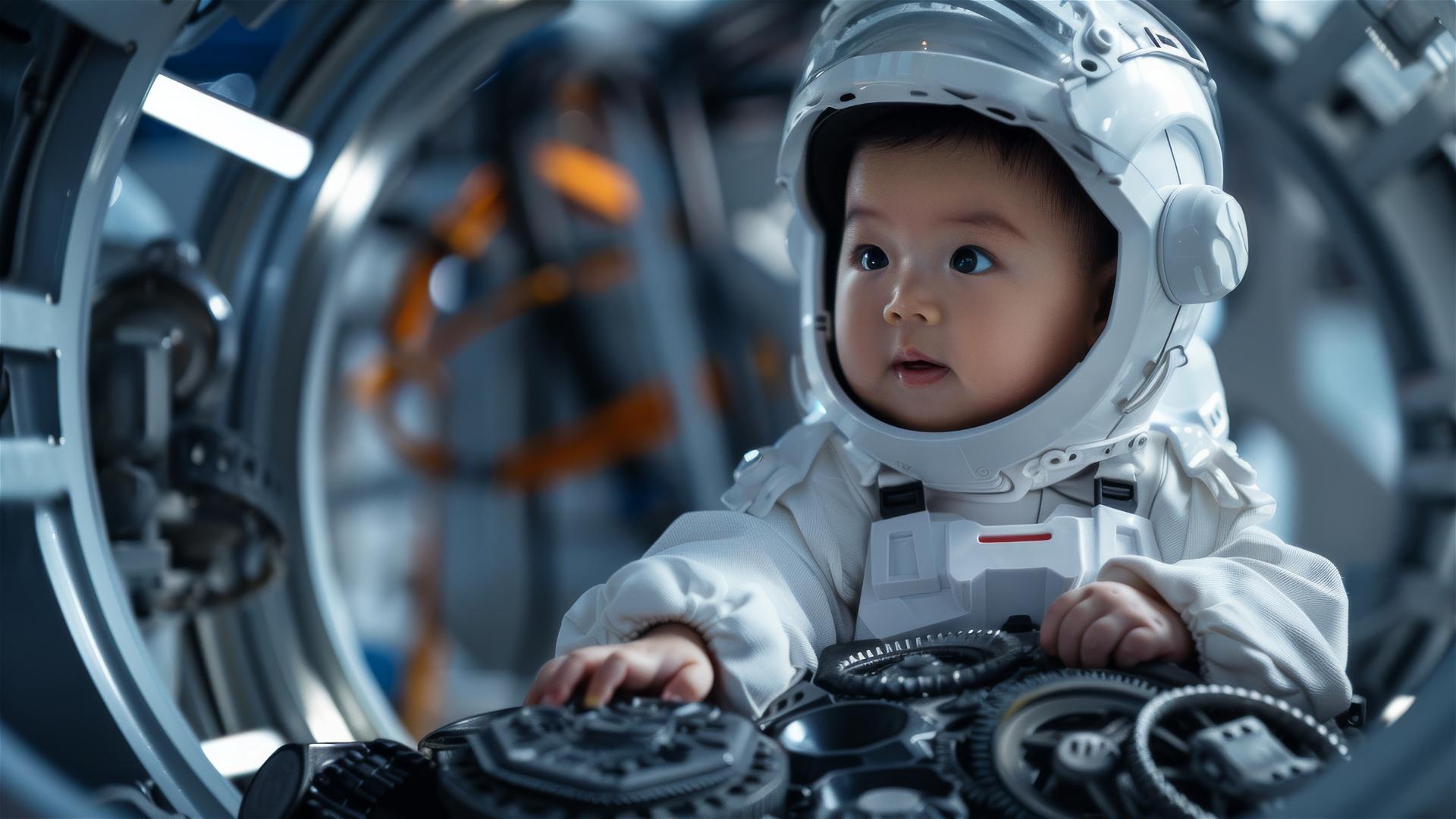 Newborn Chinese baby in robot costume inside futuristic factory