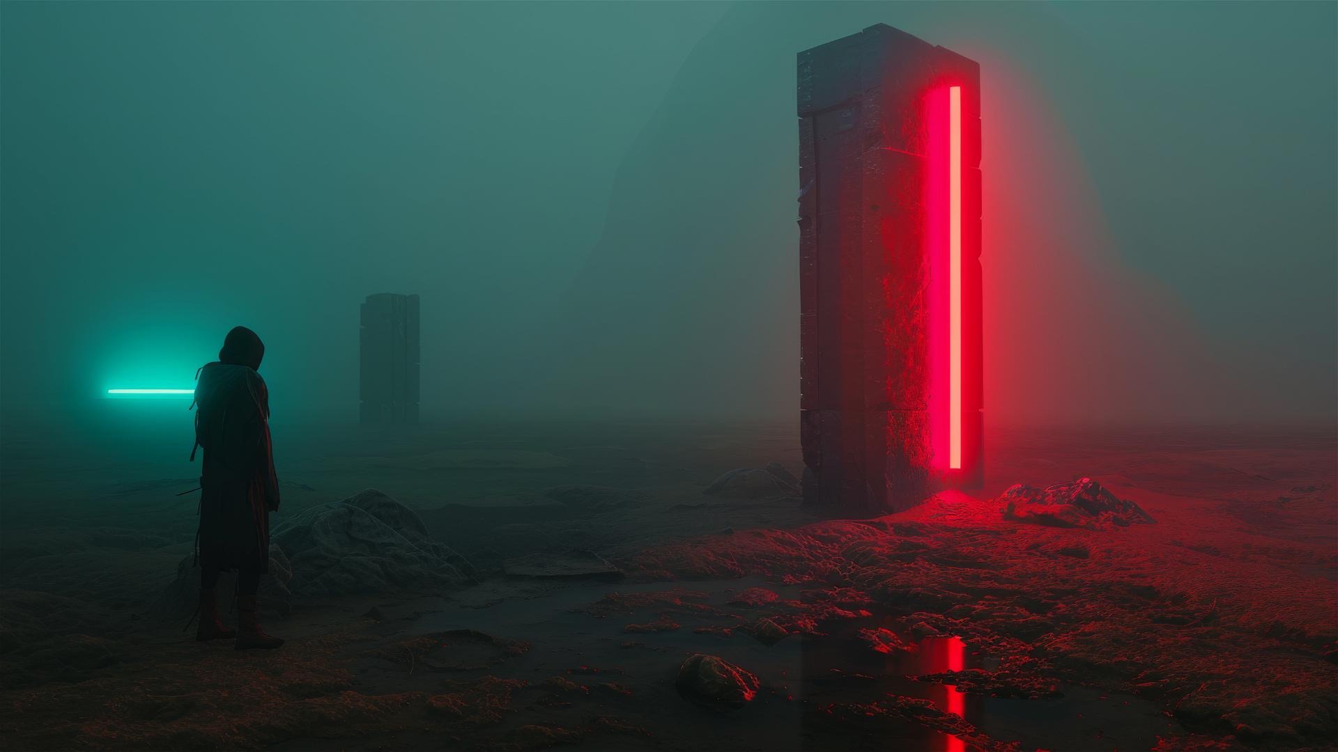 Cybergoth scarecrow in fog with neon light and monolith