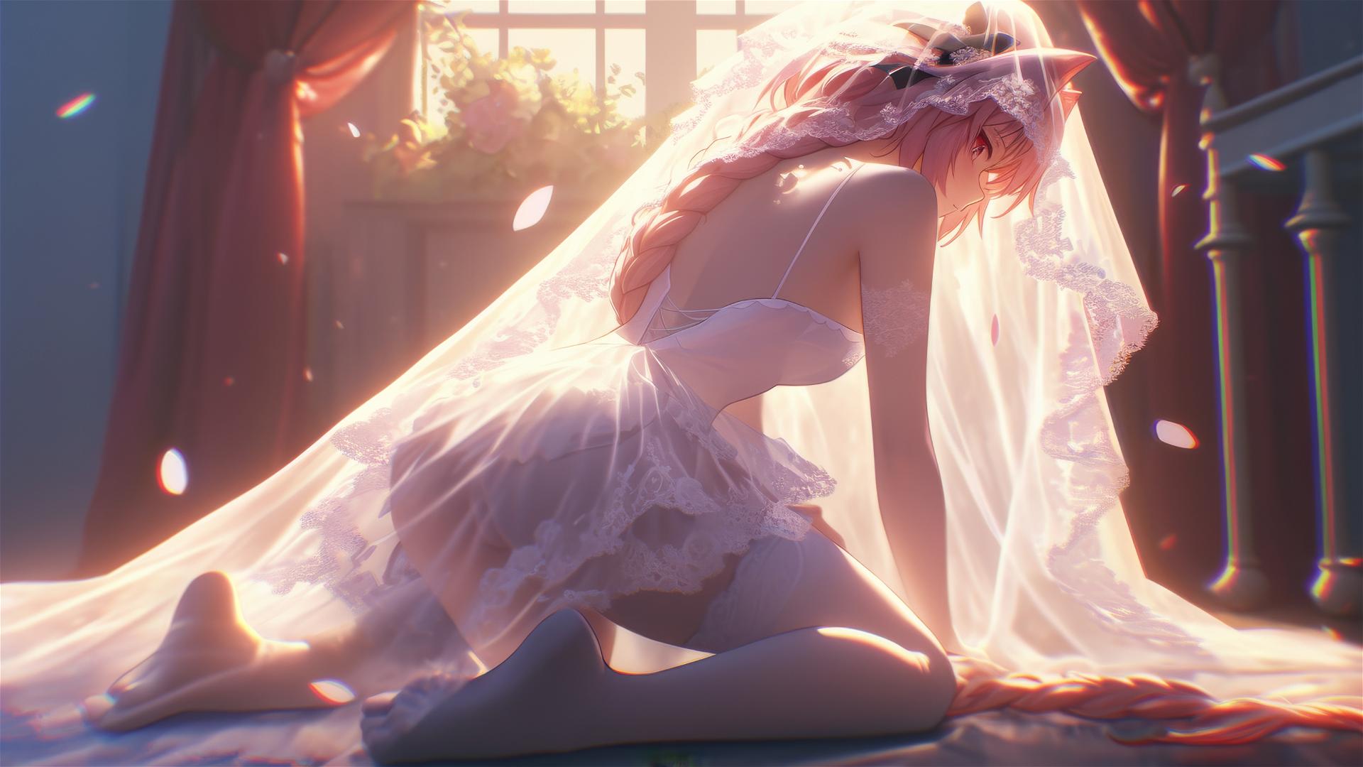 Astolfo from Type Moon kneeling in a wedding dress, leaning down with warm light.