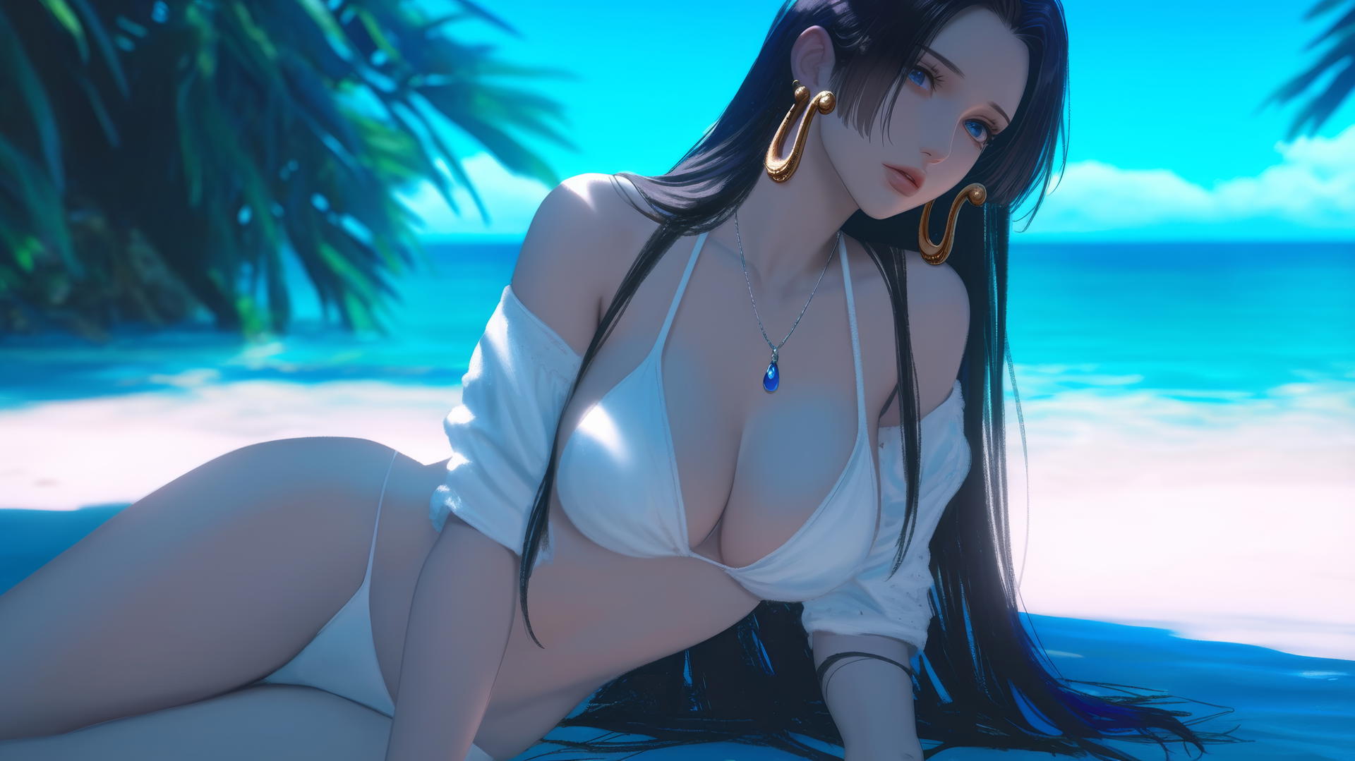 Boa Hancock from One Piece resting at beach, bathed in warm light.