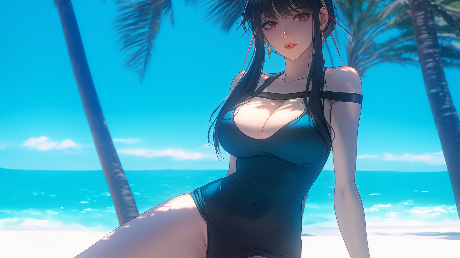 Yor Forger from Spy x Family playing beach volleyball on a sunny beach