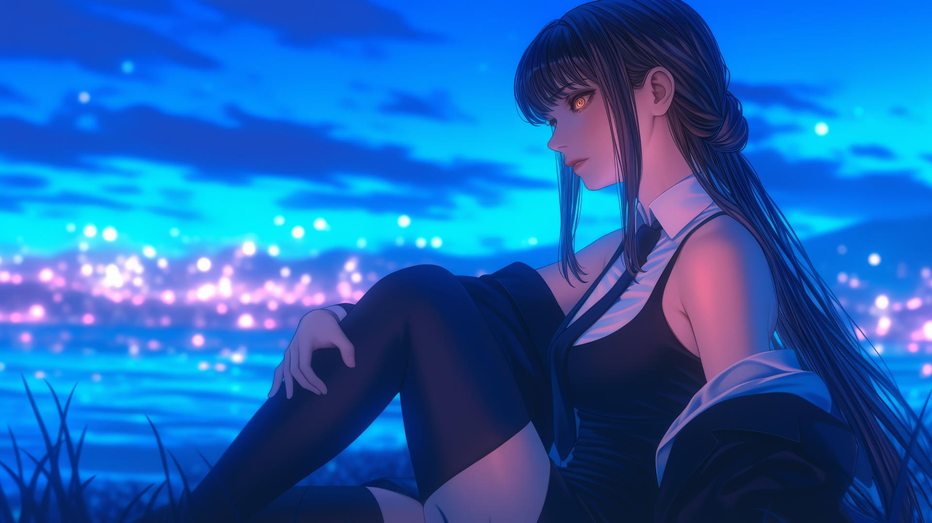 Makima from Chainsaw Man resting at sea during a neon pink sunset.