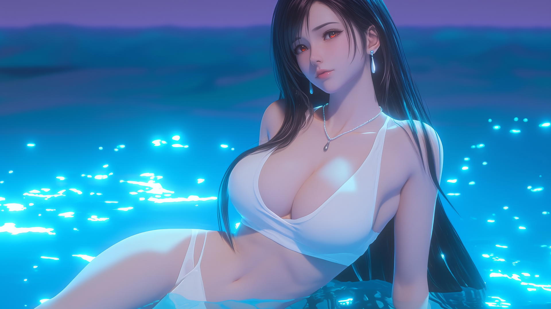 Tifa Lockhart relaxing at sea during a romantic neon pink sunset