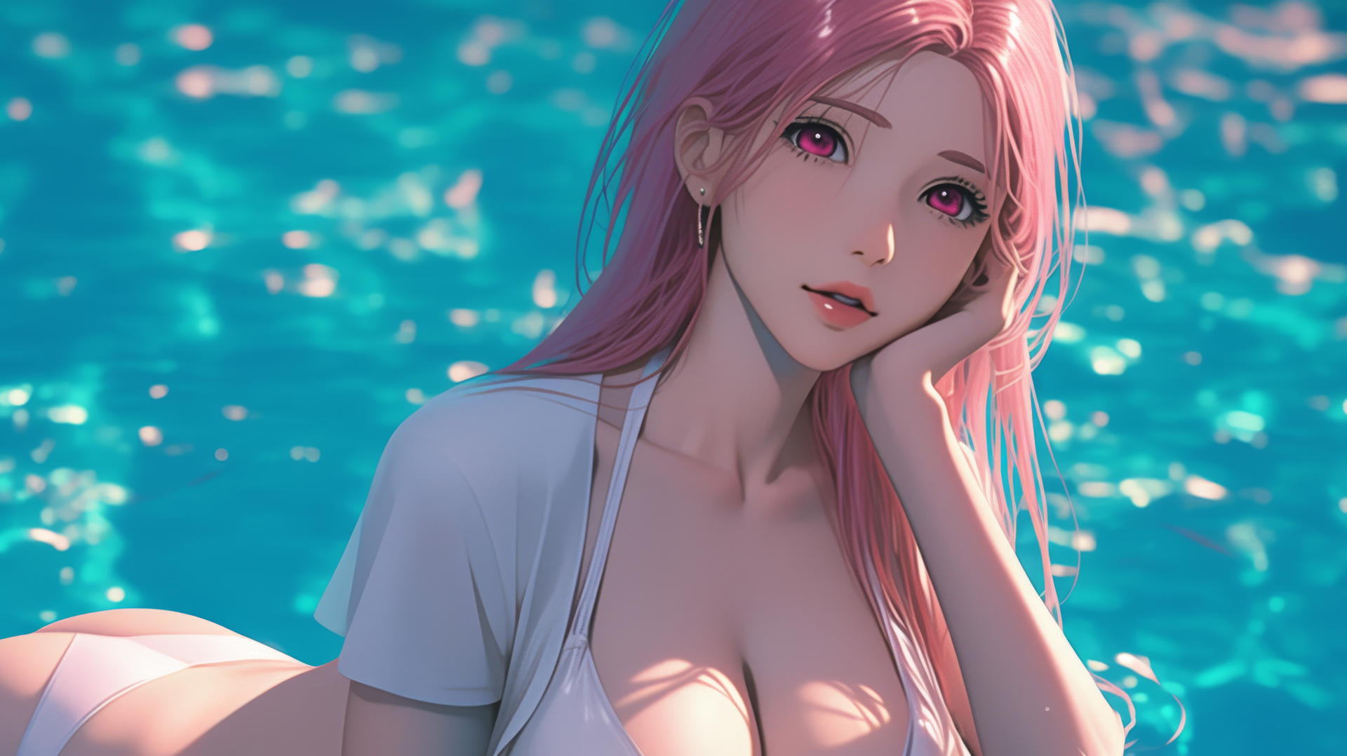 Satsuki Momoi relaxing by a sunny pool with bright pink hair and dark pink eyes.