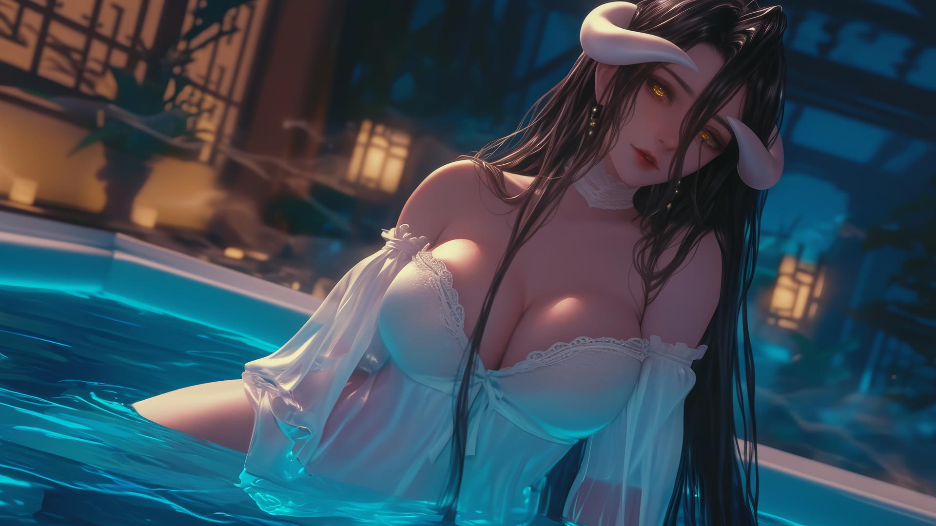 Albedo from Overlord in a hotel bathroom with warm lighting.