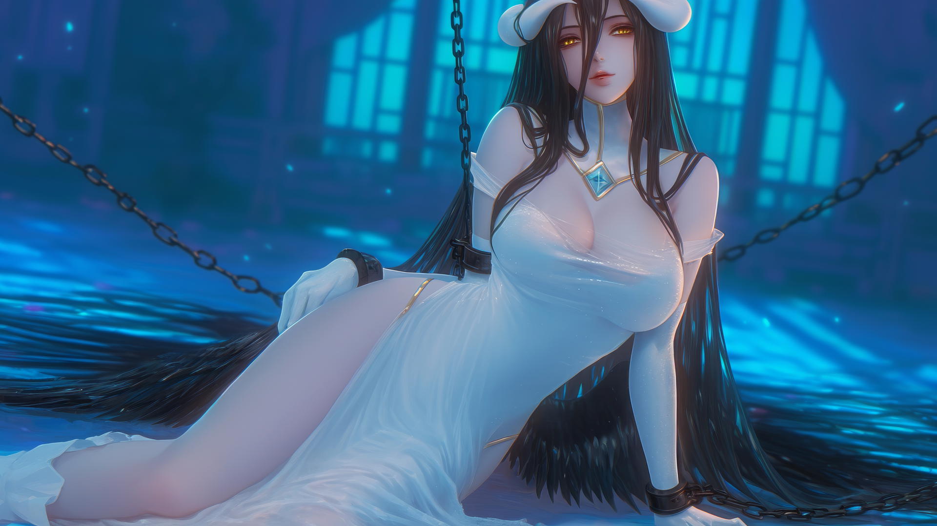 Albedo from Overlord in chains with golden irises, in a modern hotel room