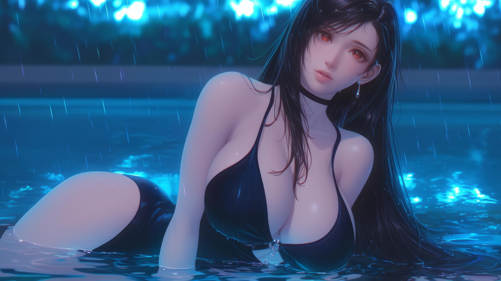 Tifa Lockhart in a neon-lit rainy swimming pool